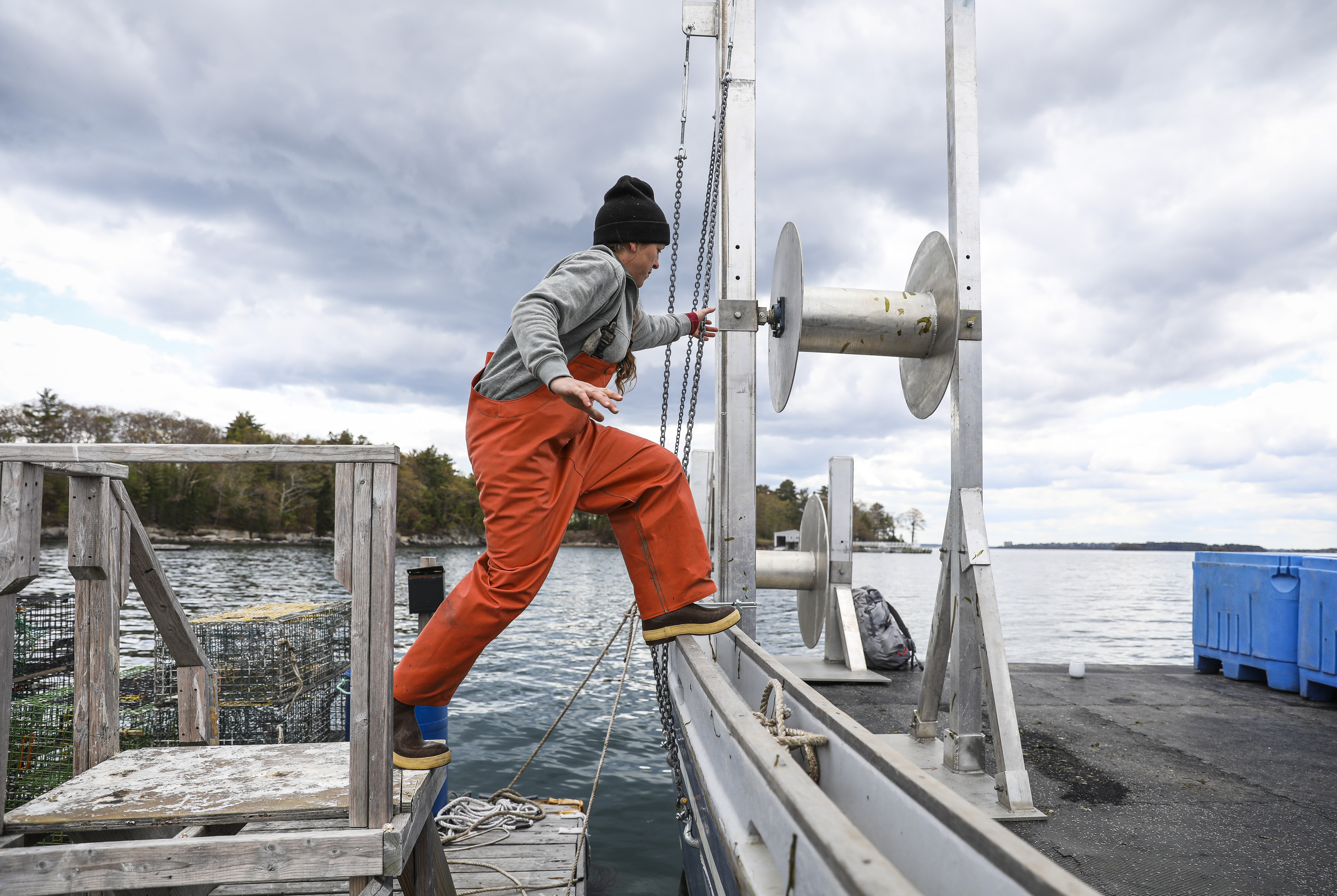 Francke boards the lobster boat she now uses to farm kelp in Casco Bay, which is then sold as a healthy, trendy, sustainable product that can be used in beauty products and alternative protein foods like kelp jerky and burgers.
