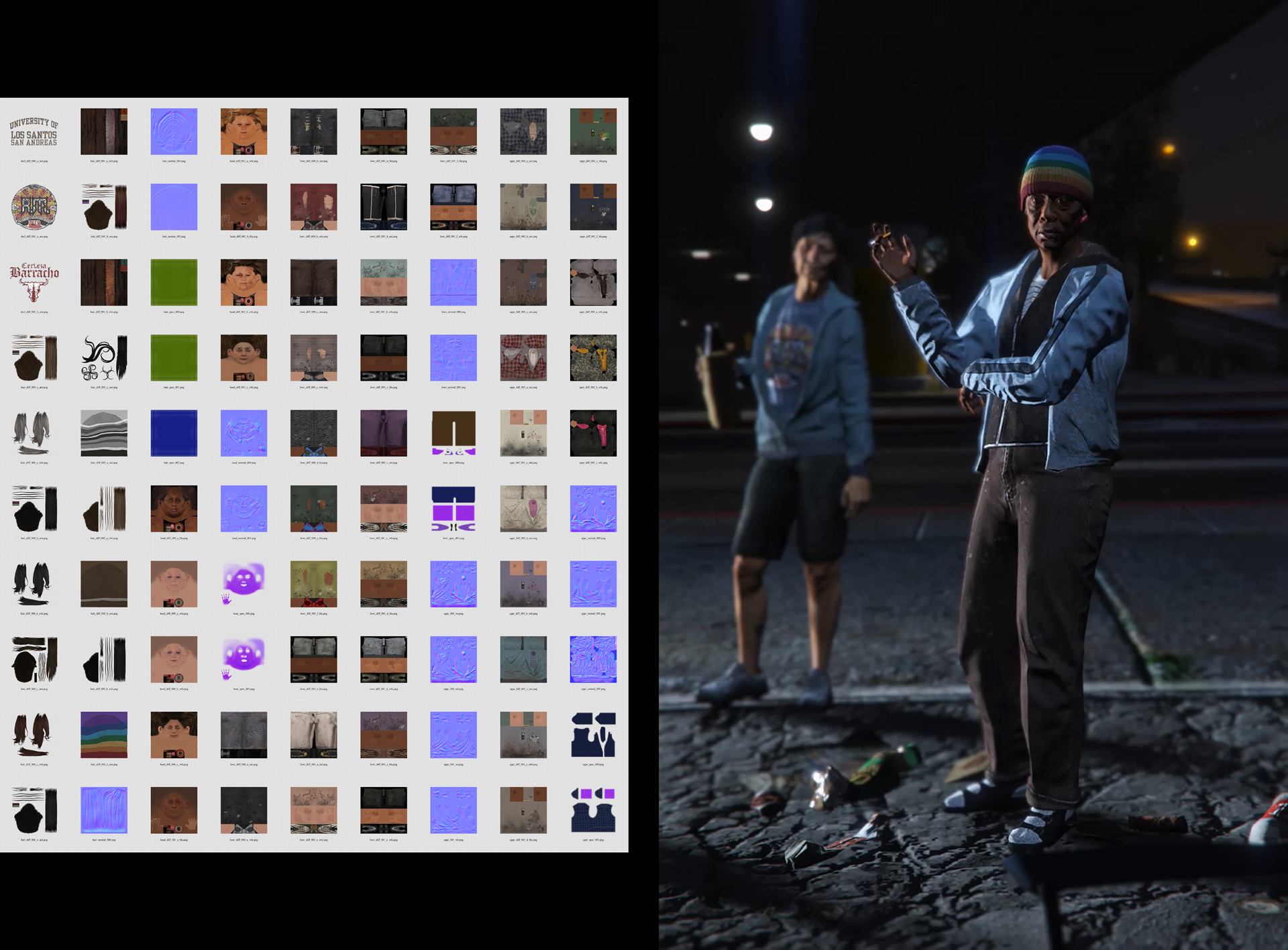 Alan Butler's "Dataset Diptych 01" from his Down and Out in Los Santos series, 2018. Butler creates portraits of the homeless population from the video game "Grand Theft Auto."