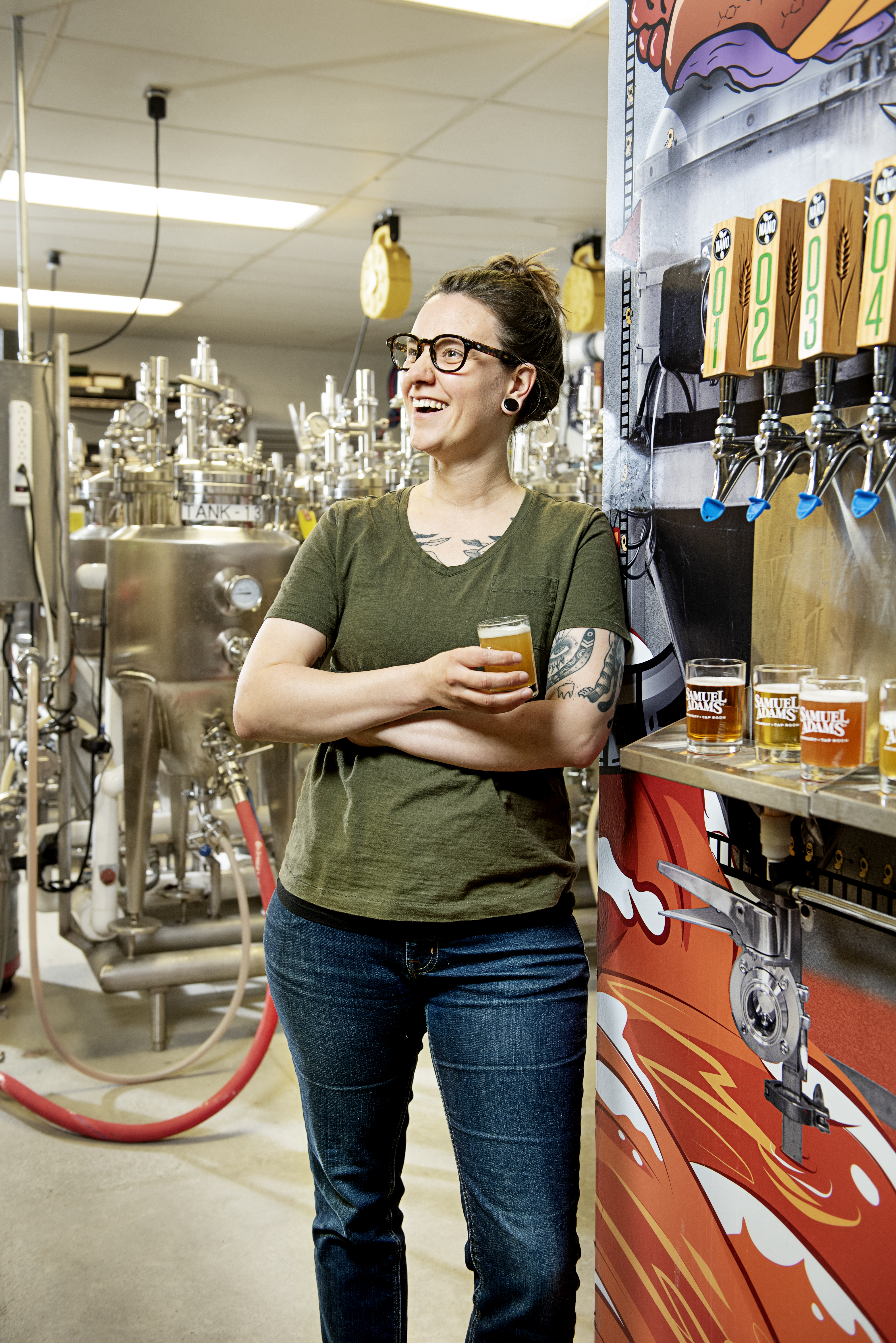 Christina Hahn, manager of brewing R&D at Boston Beer Co., in its Boston nanobrewery where she led development of the company’s first nonalcoholic beer, Samuel Adams Just the Haze.