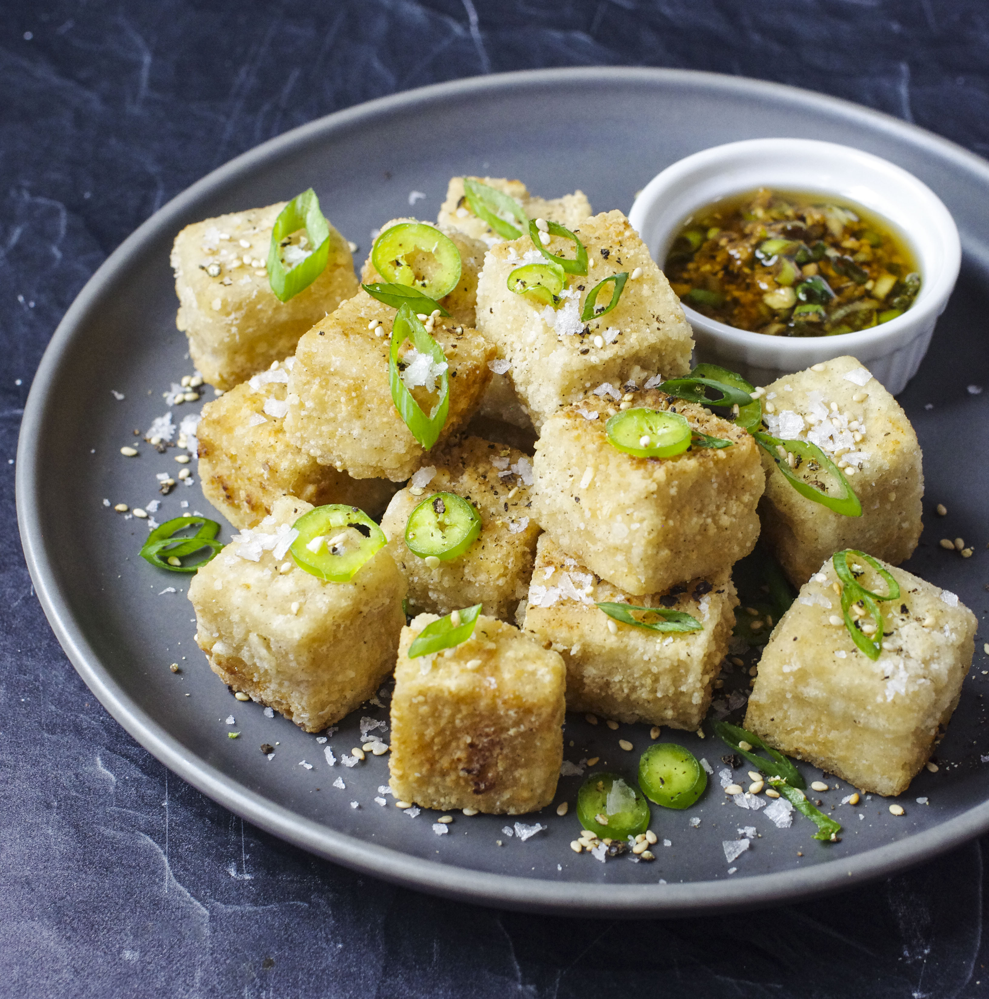 Salt-and-Pepper Tofu with Soy Dipping Sauce.