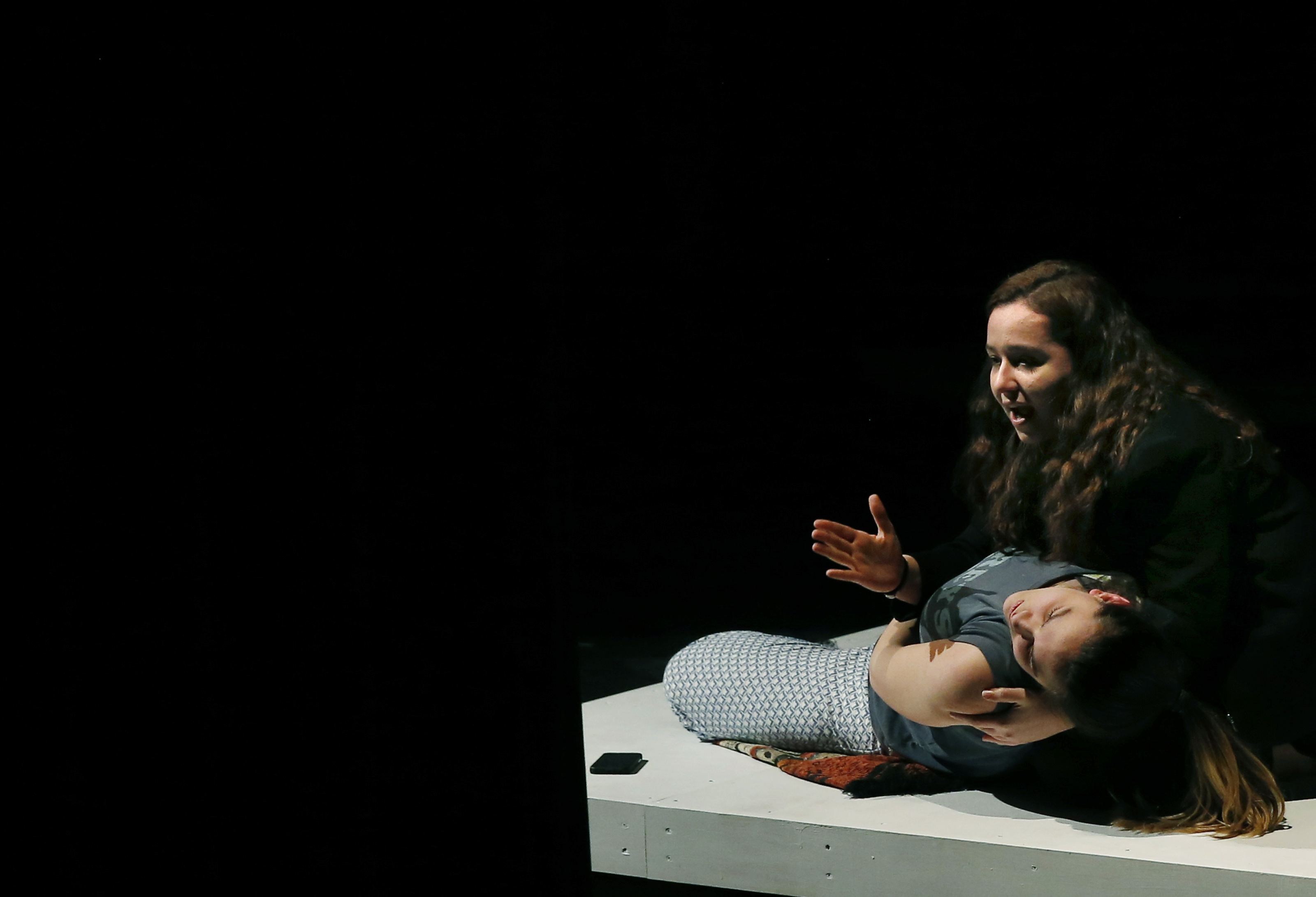 As Yaz Ortiz, Deb rehearsed a pivotal scene in “Water by the Spoonful” with Melissa Poirier as Odessa.