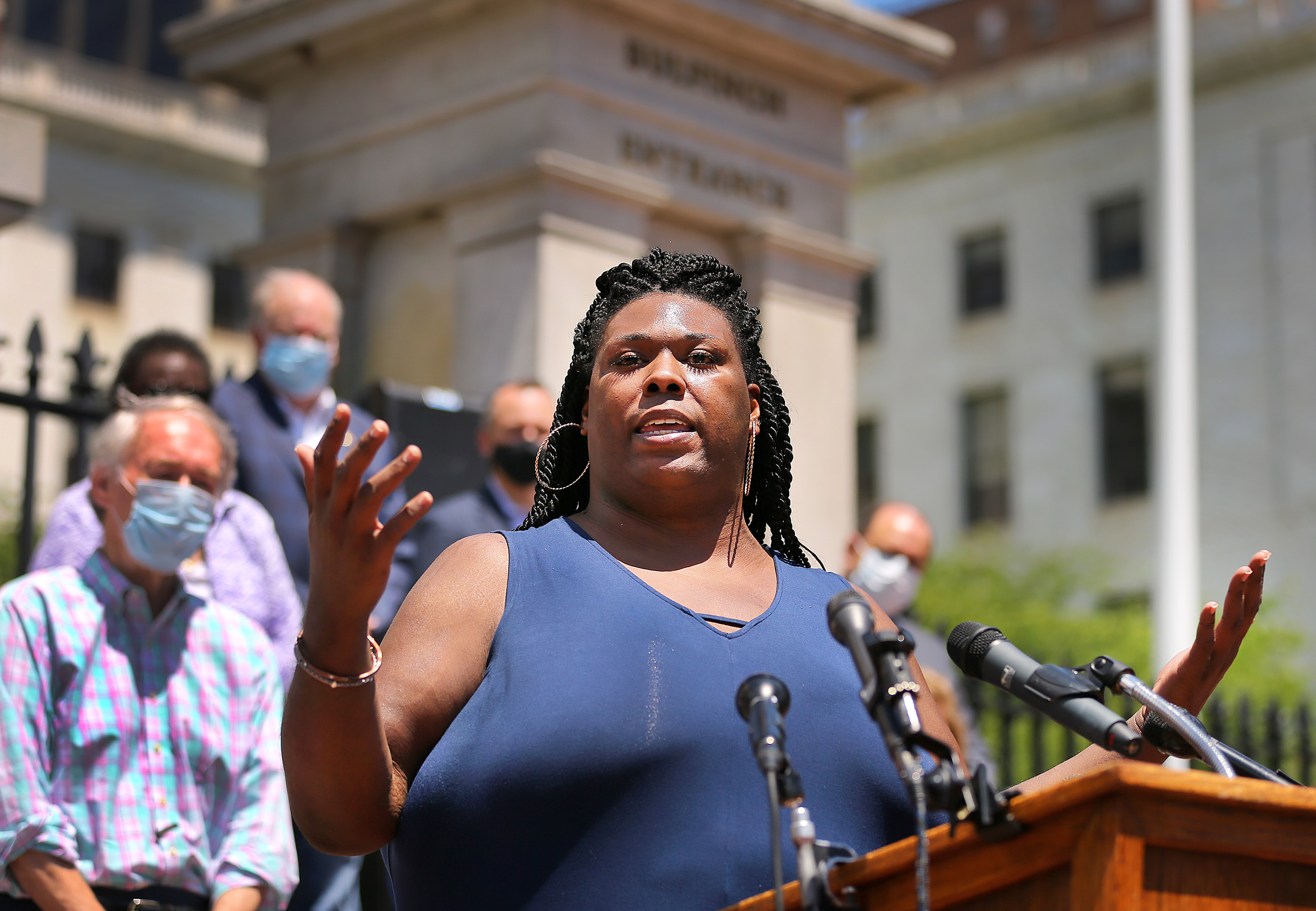 Athena Vaughn spoke in front of the Massachusetts State House after a new transgender flag was raised to honor the 50th anniversary of the Pride parade.