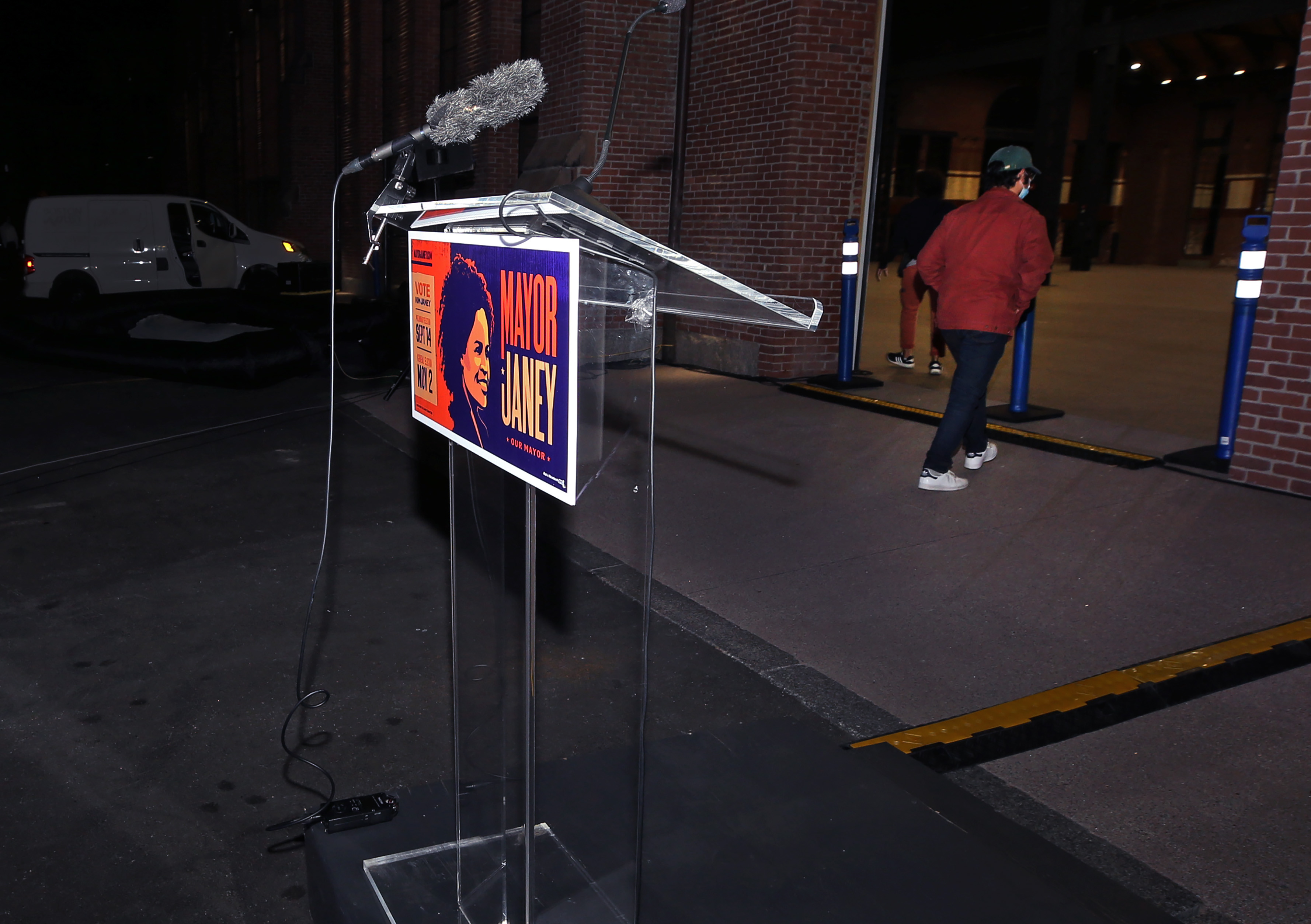 The podium where Acting Boston Mayor Kim Janey was supposed to address her supporters was not used, as around 11 p.m., word came down that she would not be making an appearance.