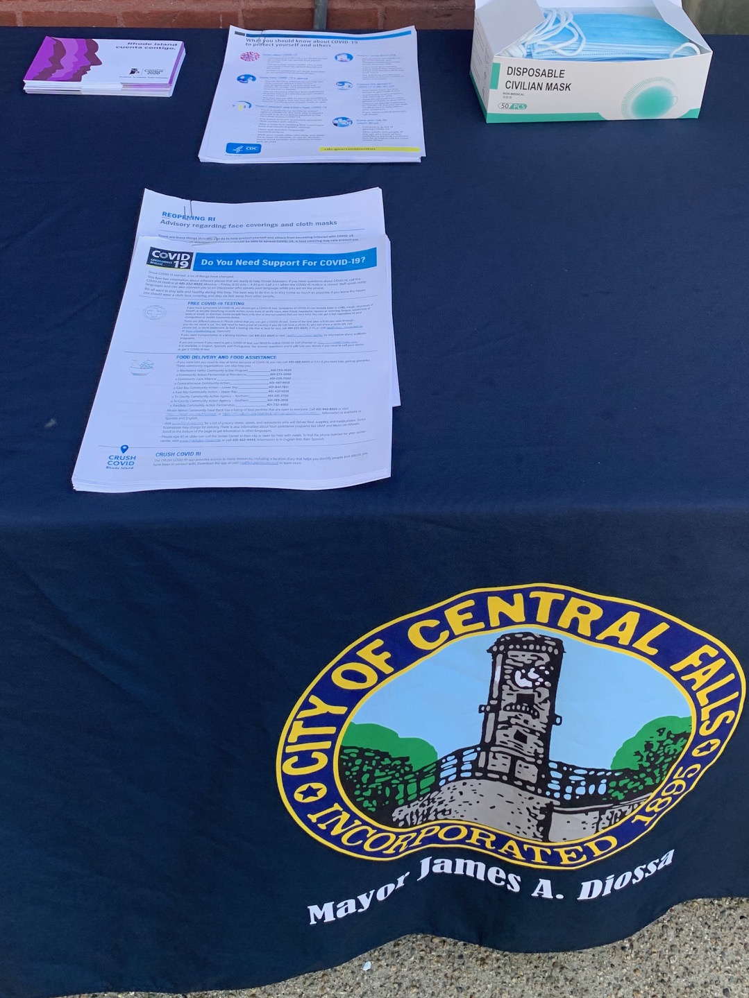 Central Falls made face masks, hand sanitizer, and COVID-19 information from the Department of Health available during a Colombian Independence Day event on Monday.