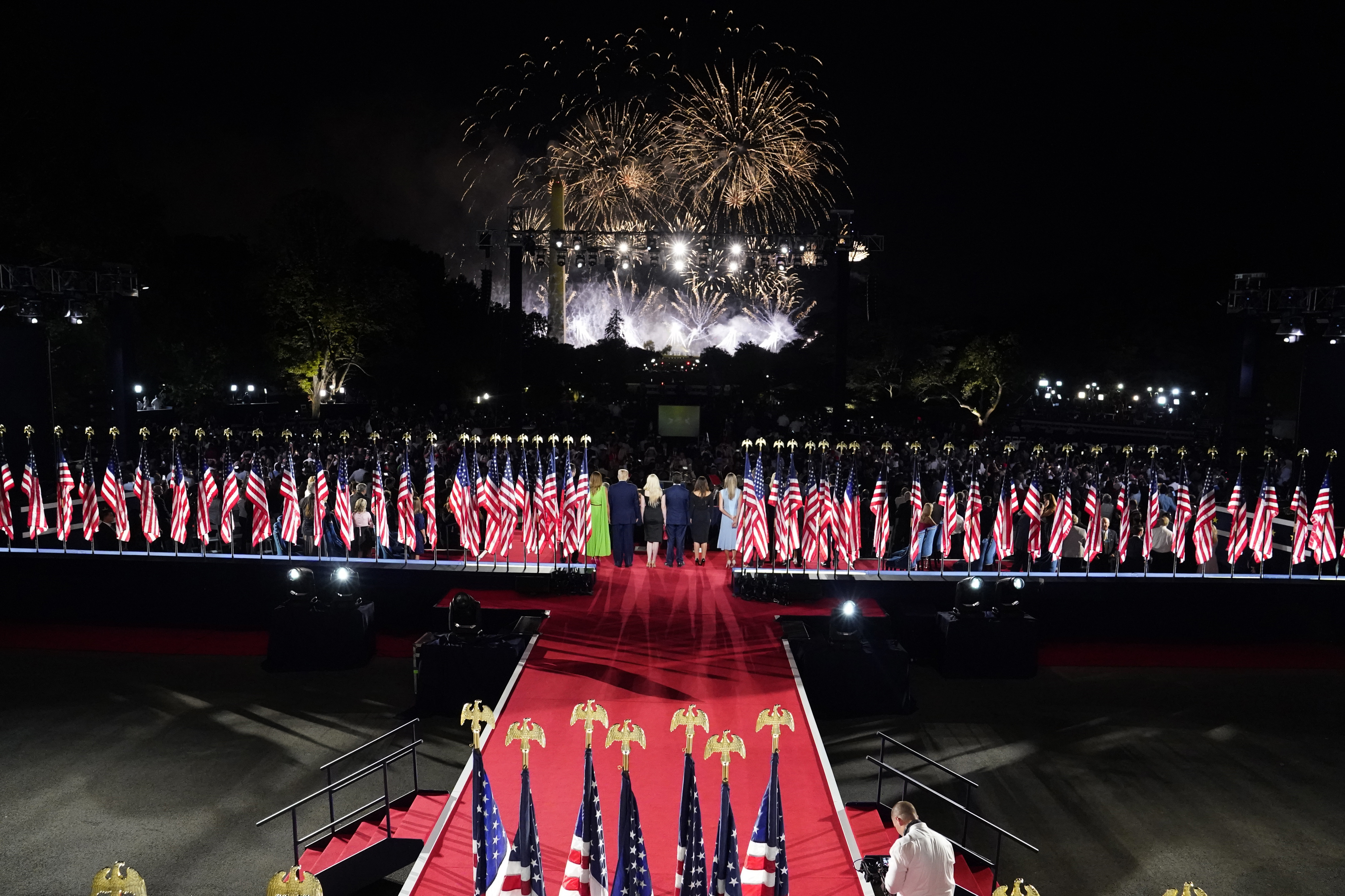 President Trump and his family watched fireworks go off near the Washington Monument after he spoke from the South Lawn of the White House on the fourth day of the Republican National Convention.