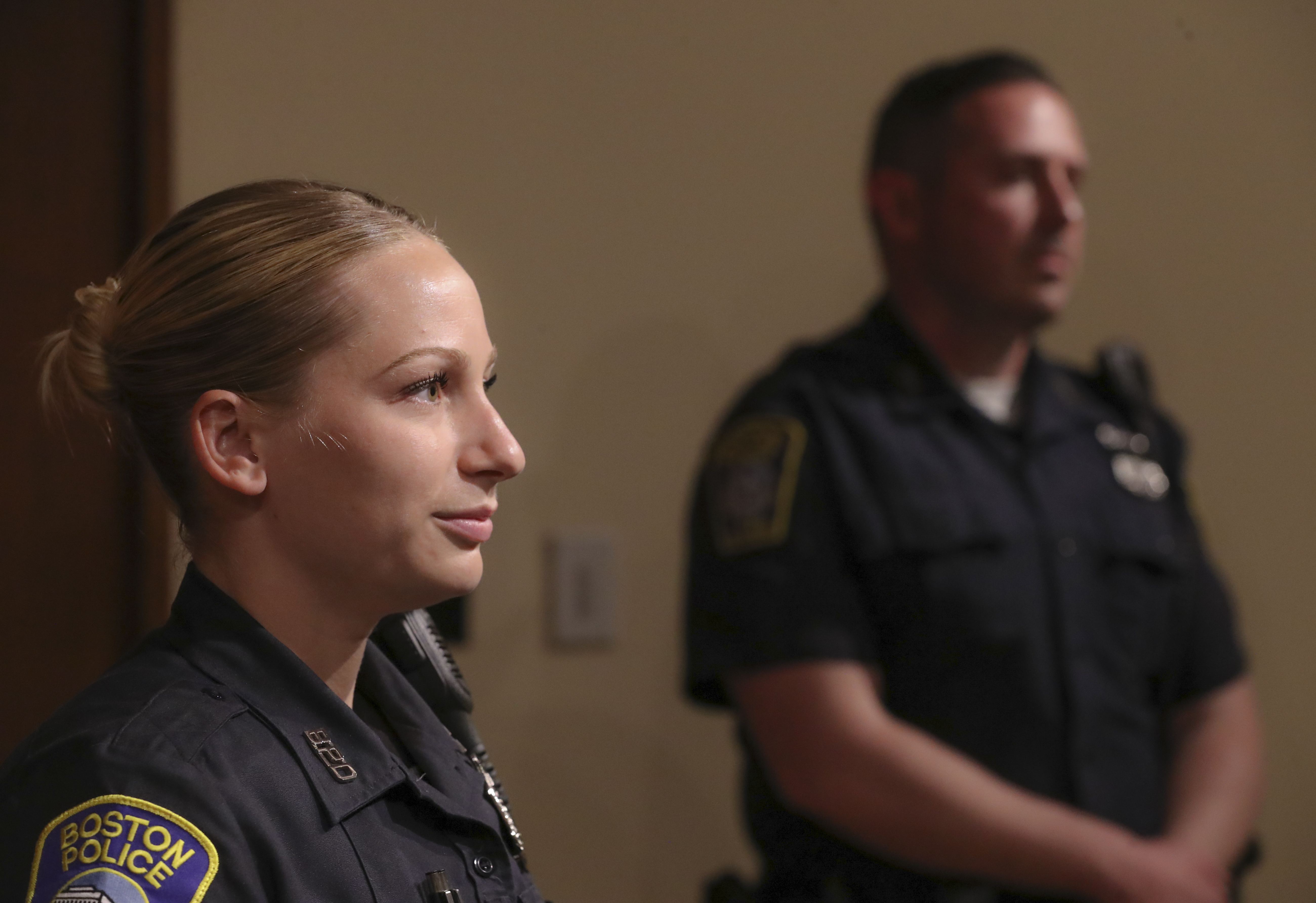 Boston police officer Taylor Green assisted officer Owen Murray, who performed lifesaving CPR on an infant girl in Roxbury Sunday night.