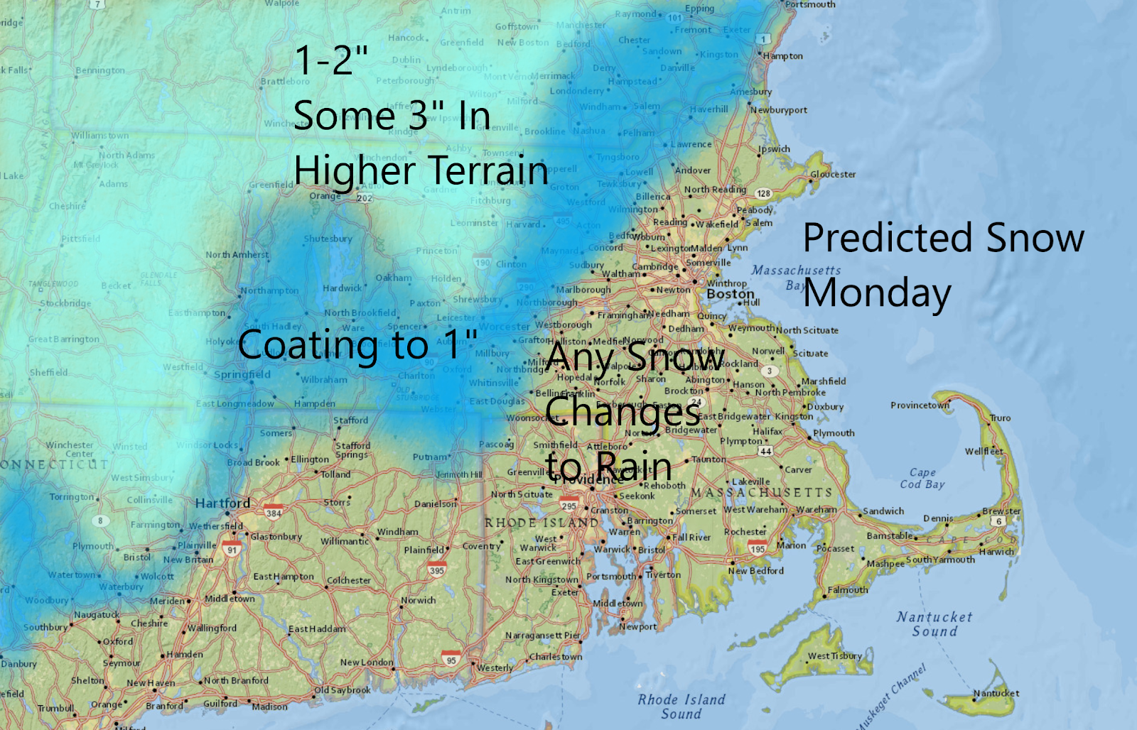 Any snow accumulation will be confined well west of the coastline Monday.