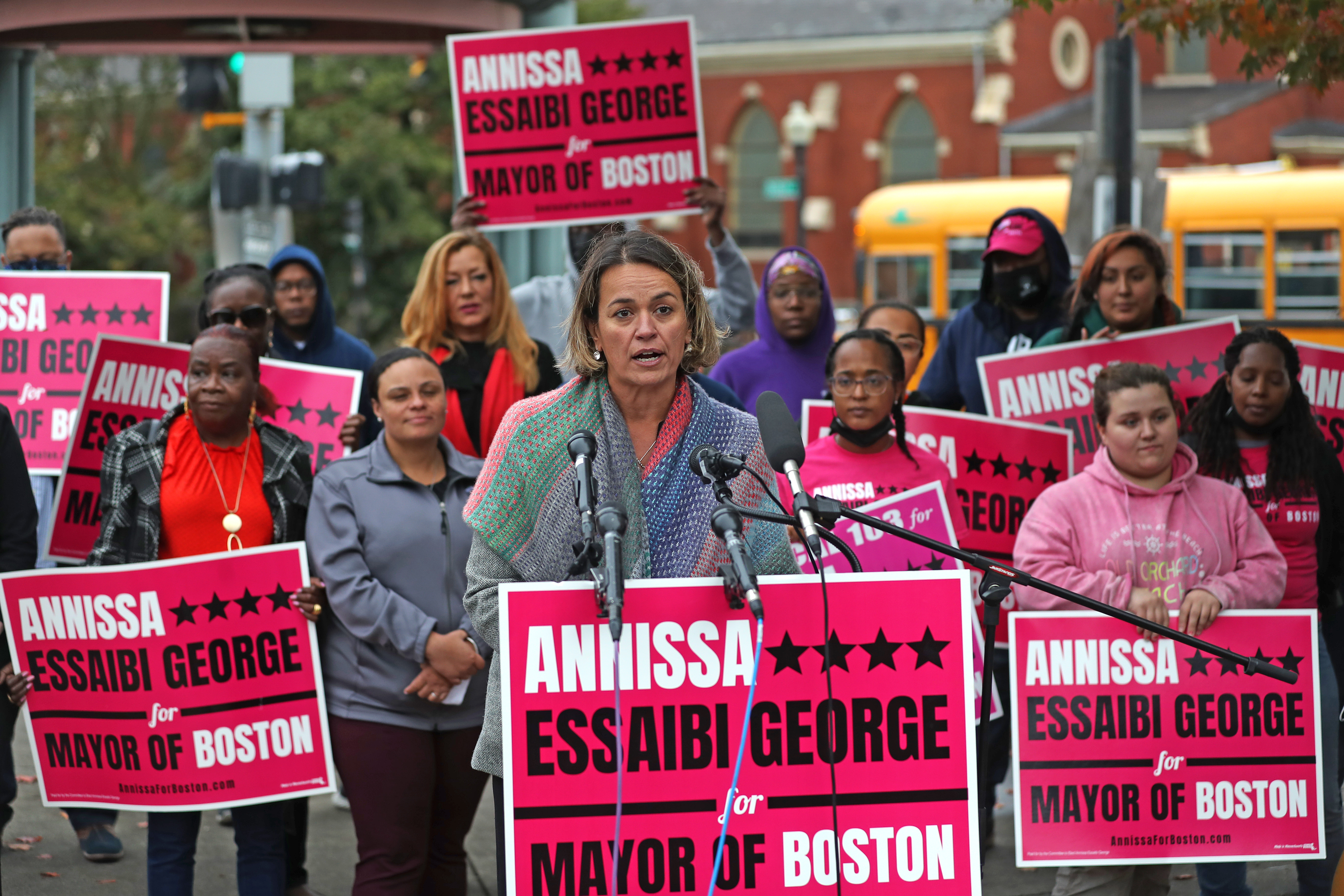 Annissa Essabi George, in Roxbury recently, addresses transportation in her “Equity, Inclusion and Justice” agenda.