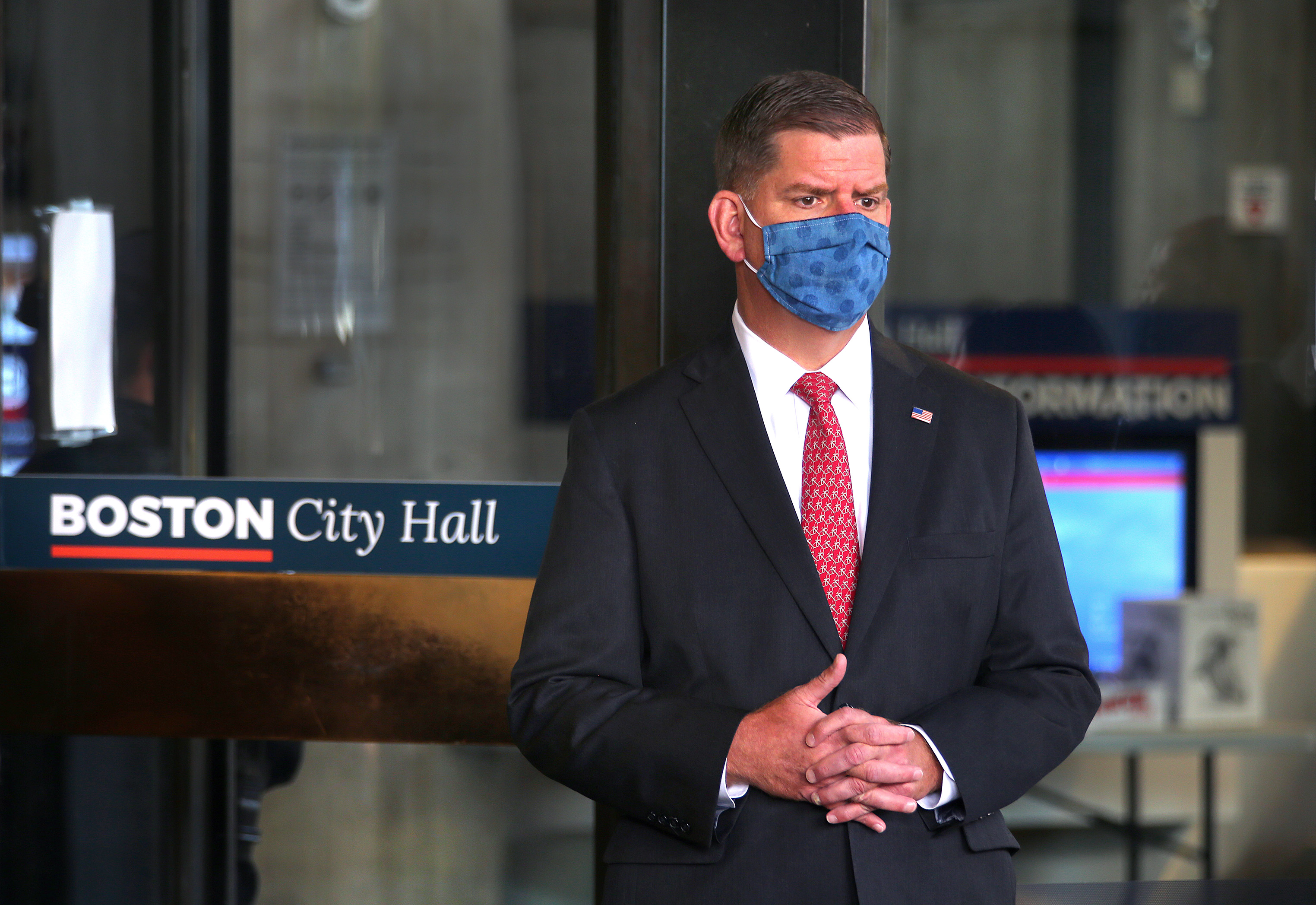 Marty Walsh gave an update on COVID-19 and the Boston public schools' plan outside of the Boston City Hall in October.
