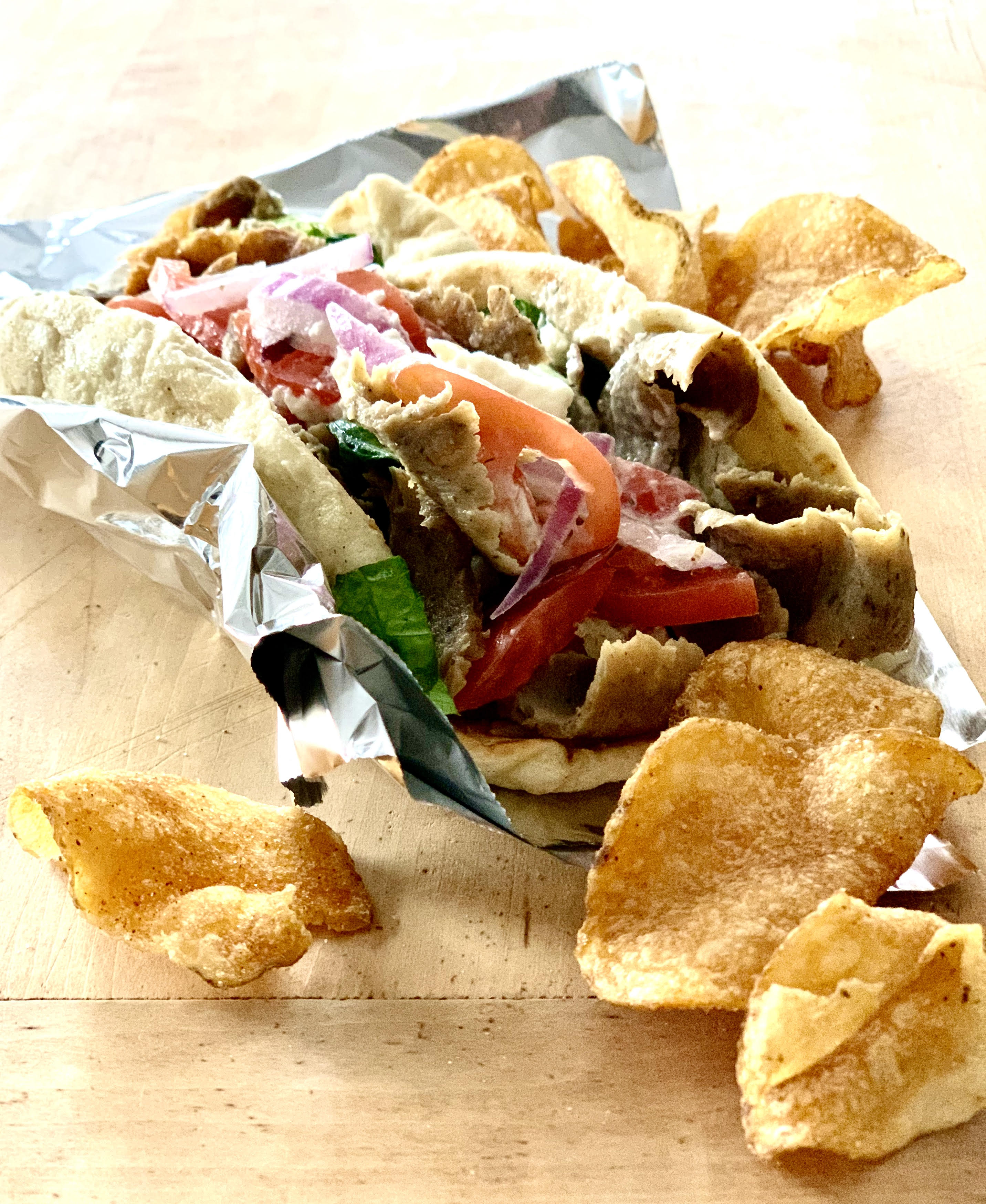 Traditional gyro with garbanzo chips.