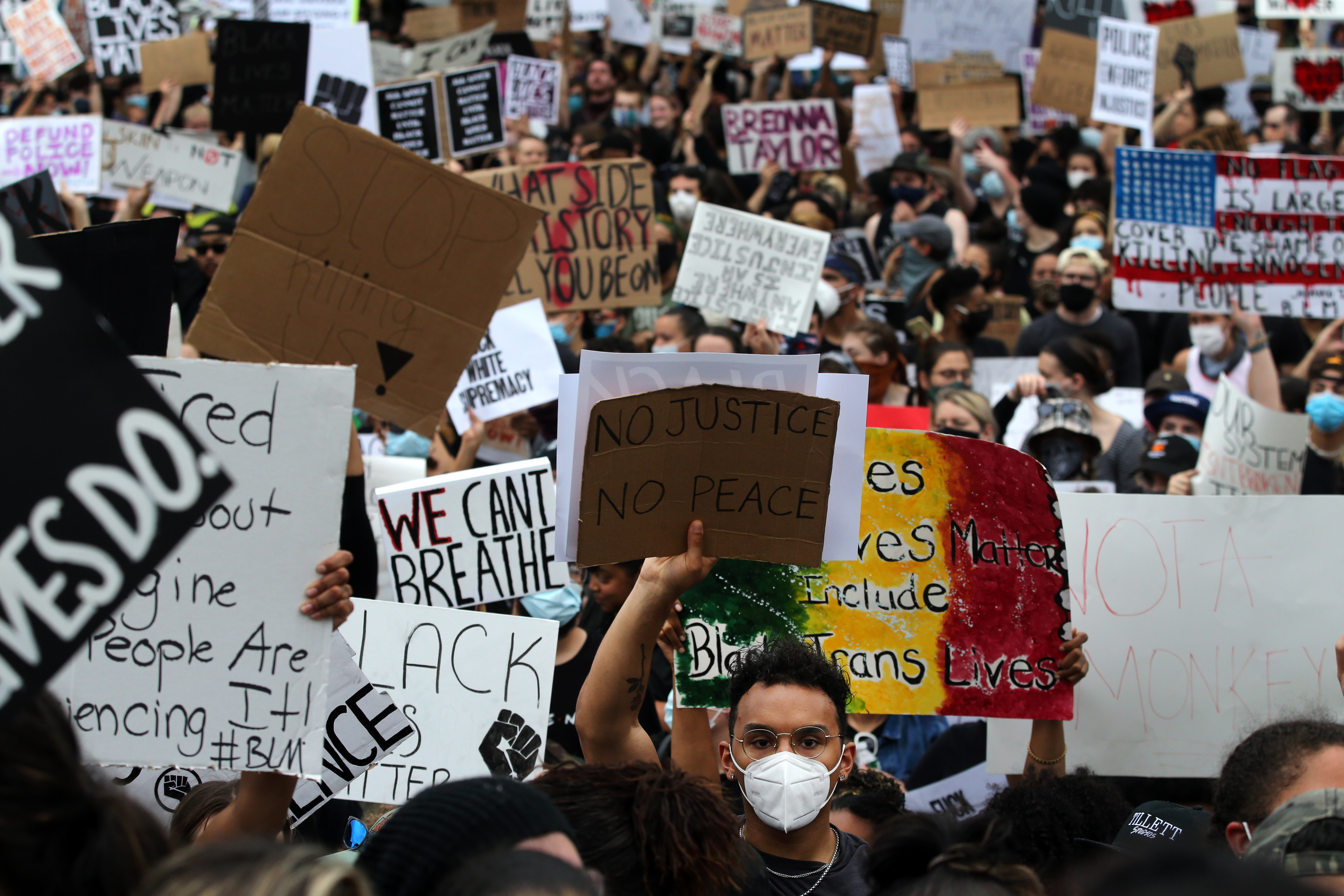 Demonstrators gathered outside the Rhode Island State House during a Black Lives Matter protest in Providence.