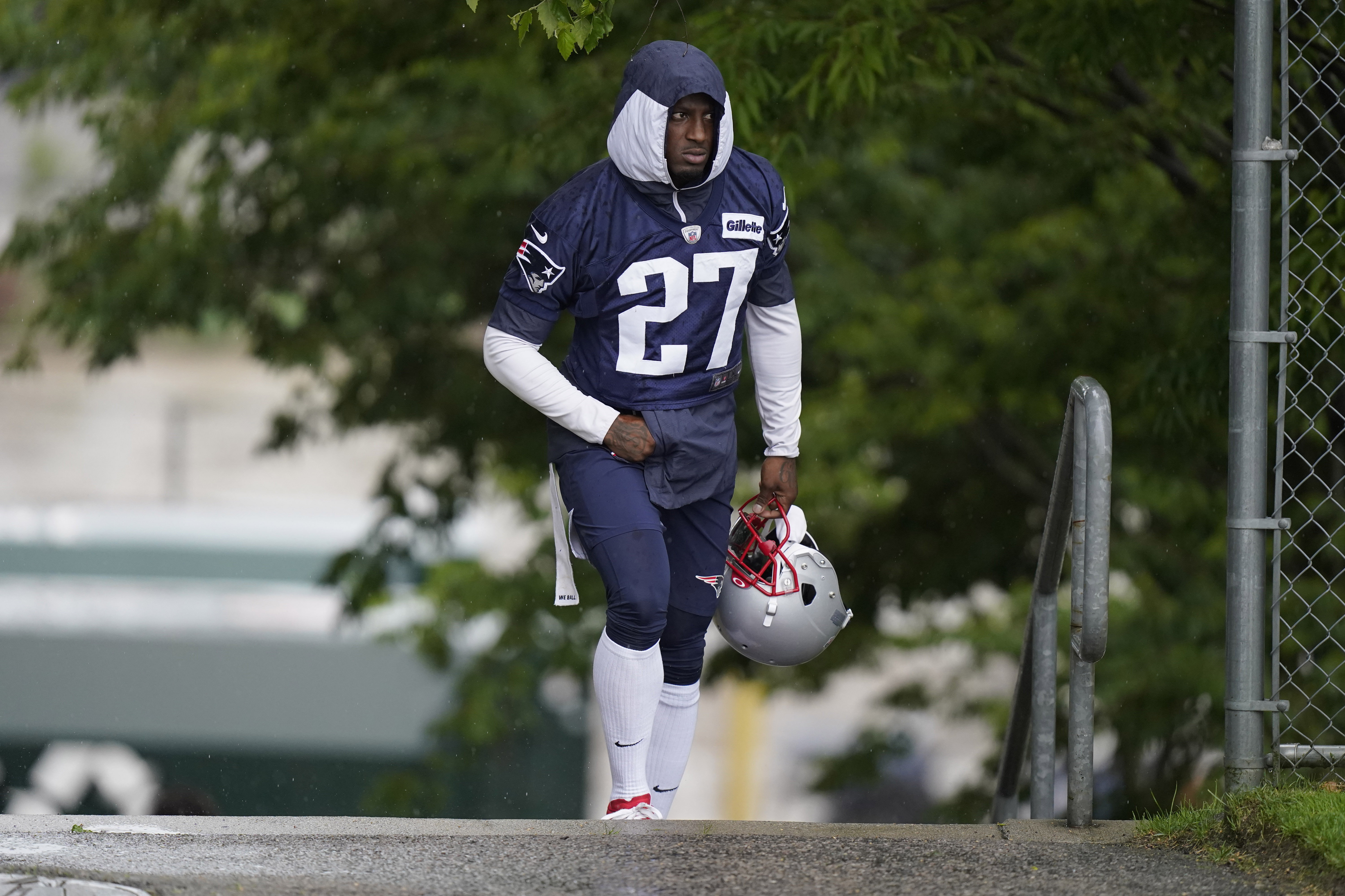 J.C. Jackson, seen here before the start of Monday's workout, would likely move into the No. 1 spot if Stephon Gilmore isn't part of the mix.