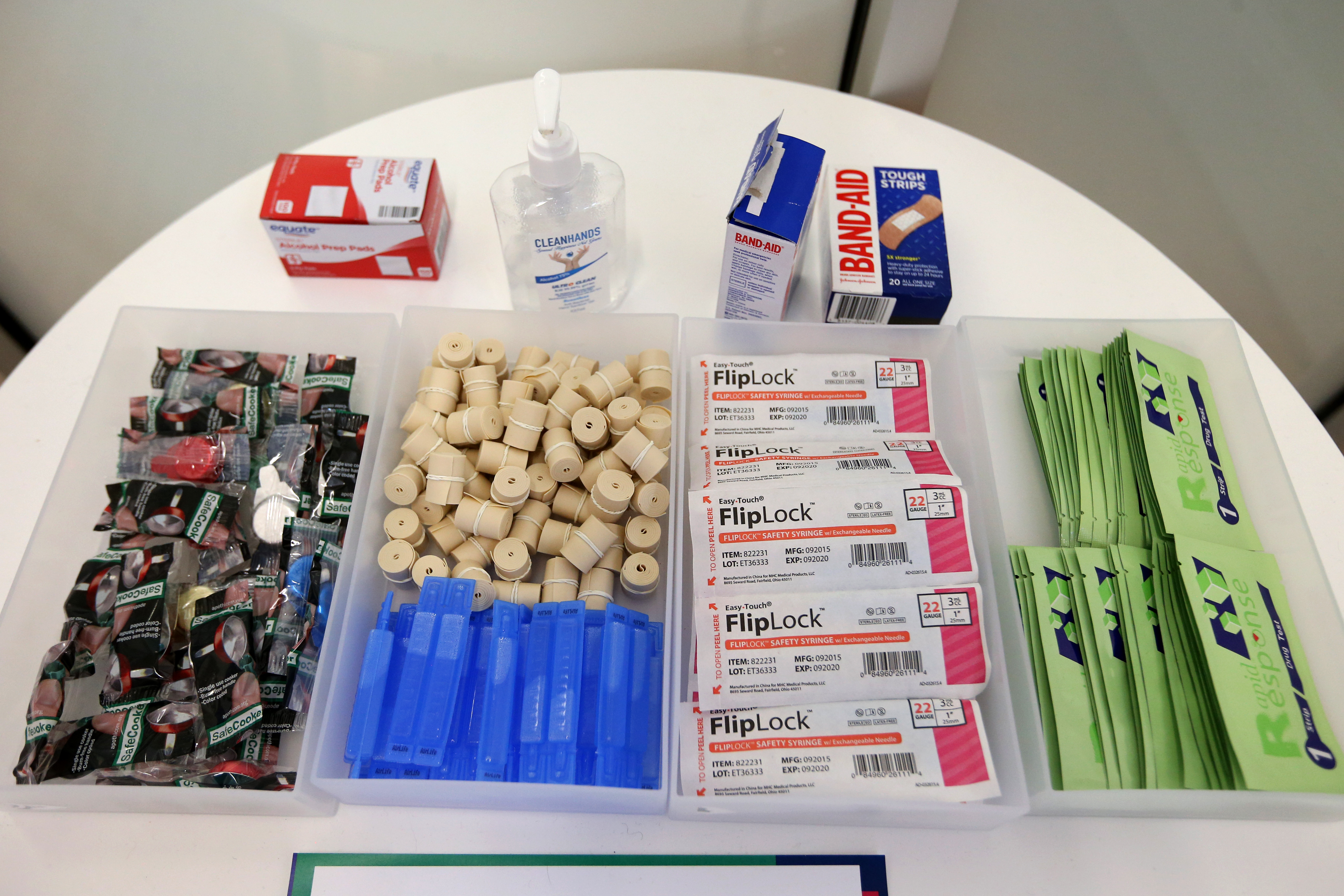 A range of sterile injecting and smoking supplies displayed at the exhibition showing what an overdose prevention site would look like in Rhode Island.