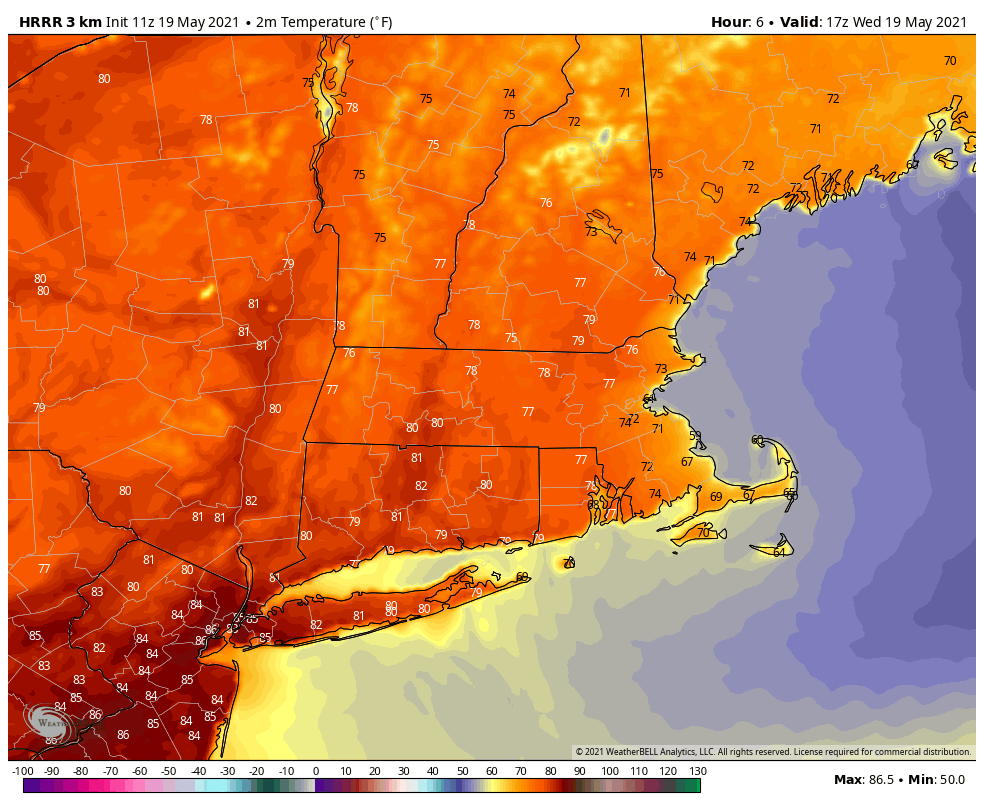 Cooler air moves in from the ocean during the afternoon in this model's forecast.
