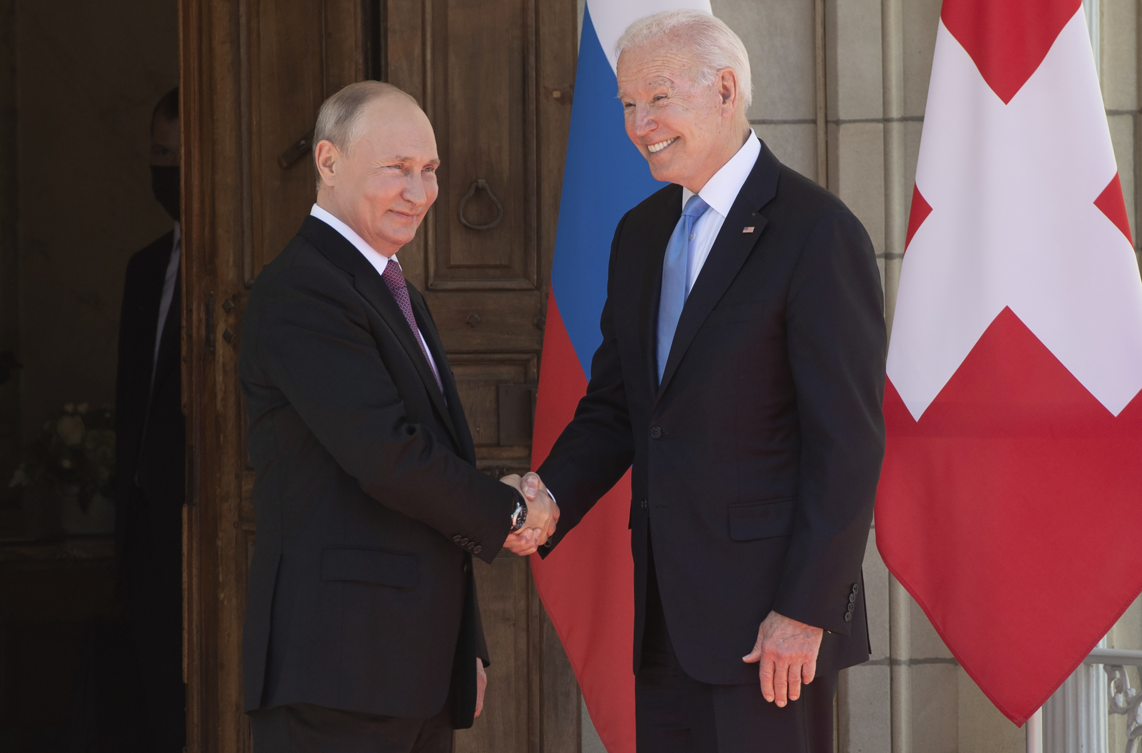 President Joe Biden (right) shook hands with Russian President Vladimir Putin at the 'Villa la Grange' Wednesday in Geneva, Switzerland.