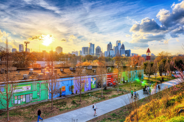 The Beltline near Piedmont Park featuring the Midtown Atlanta Skyline.