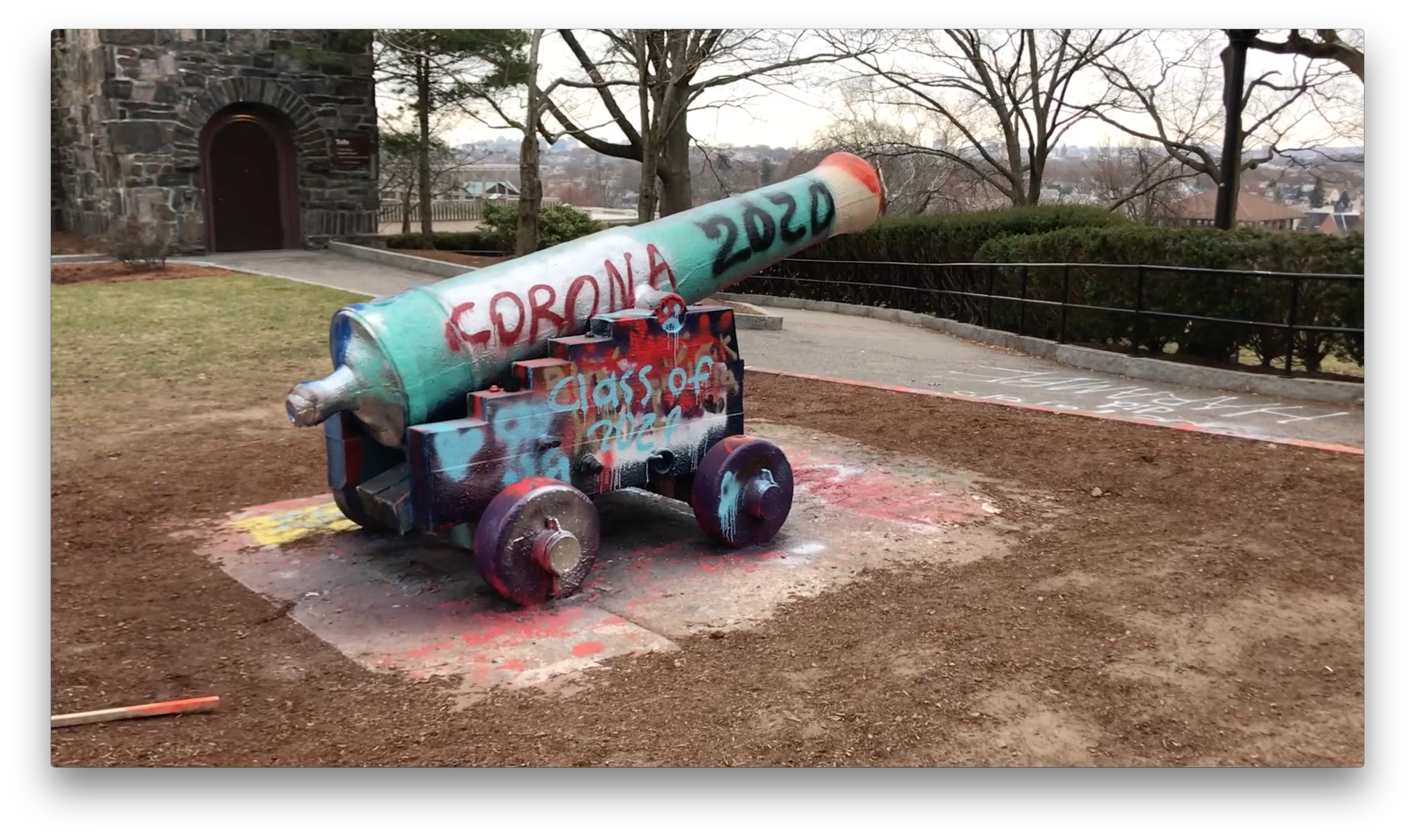 A cannon at Tufts University was painted with the words "COVID 2020, Class of 2020." The cannon is painted frequently, often with messages from students. Ana Sophia Acosta, a member of the Class of 2020 at Tufts, submitted this photo to the Tufts Digital Collections and Archives COVID-19 Documentation project.