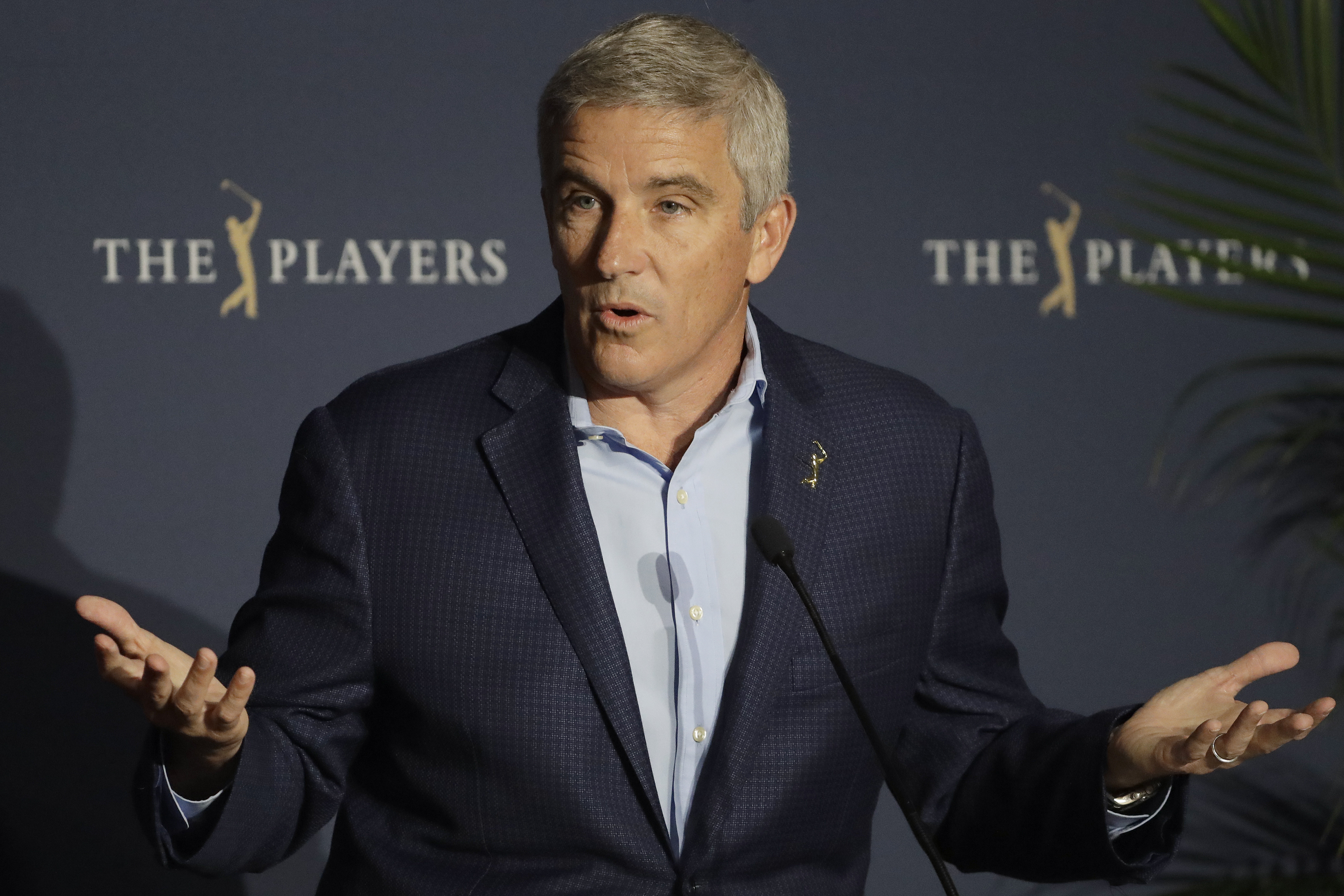PGA Tour Commissioner Jay Monahan speaks during a March news conference at The Players Championship golf tournament.