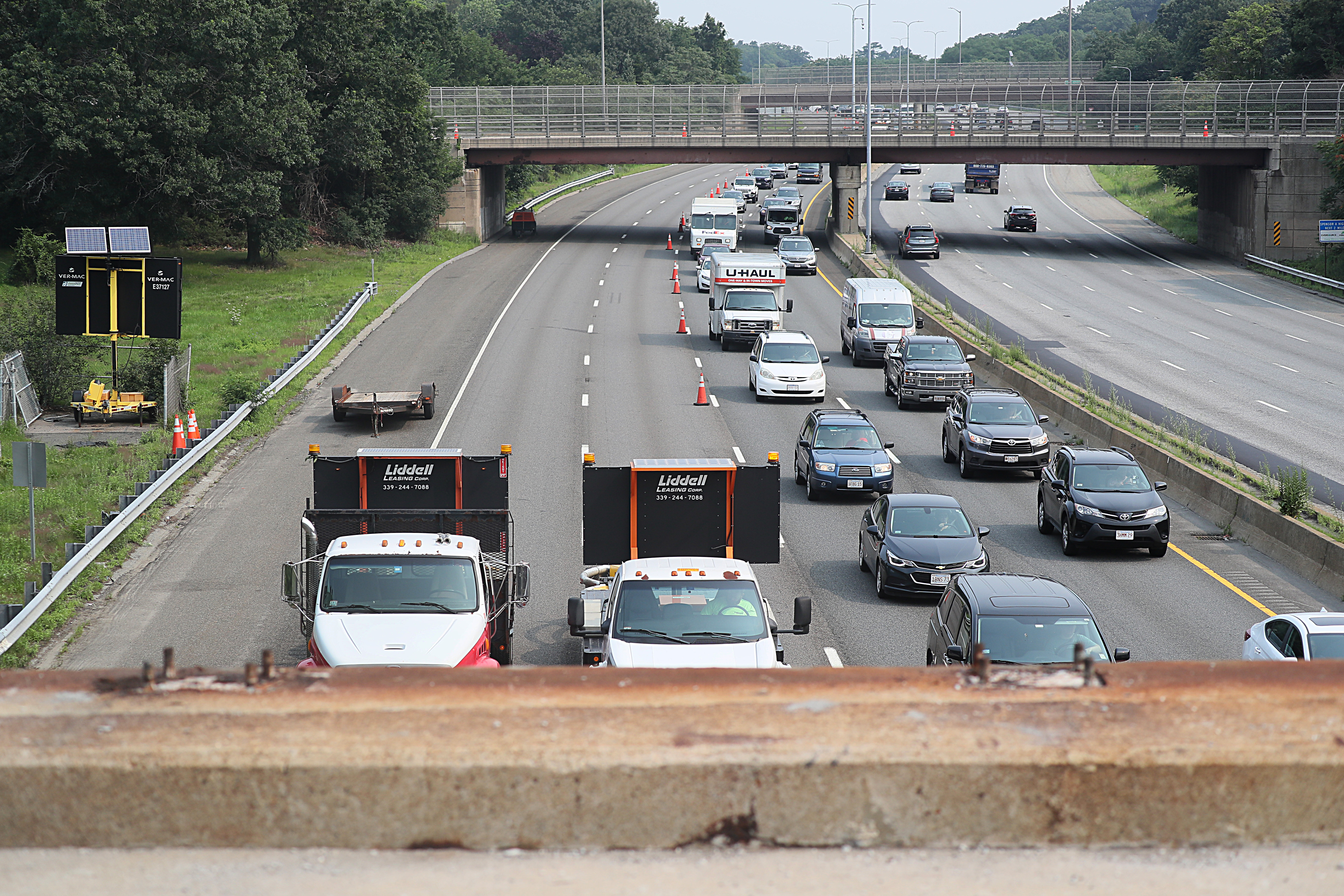 An oversized truck hit the overpass at Roosevelt Circle in Medford that crosses Interstate 93.