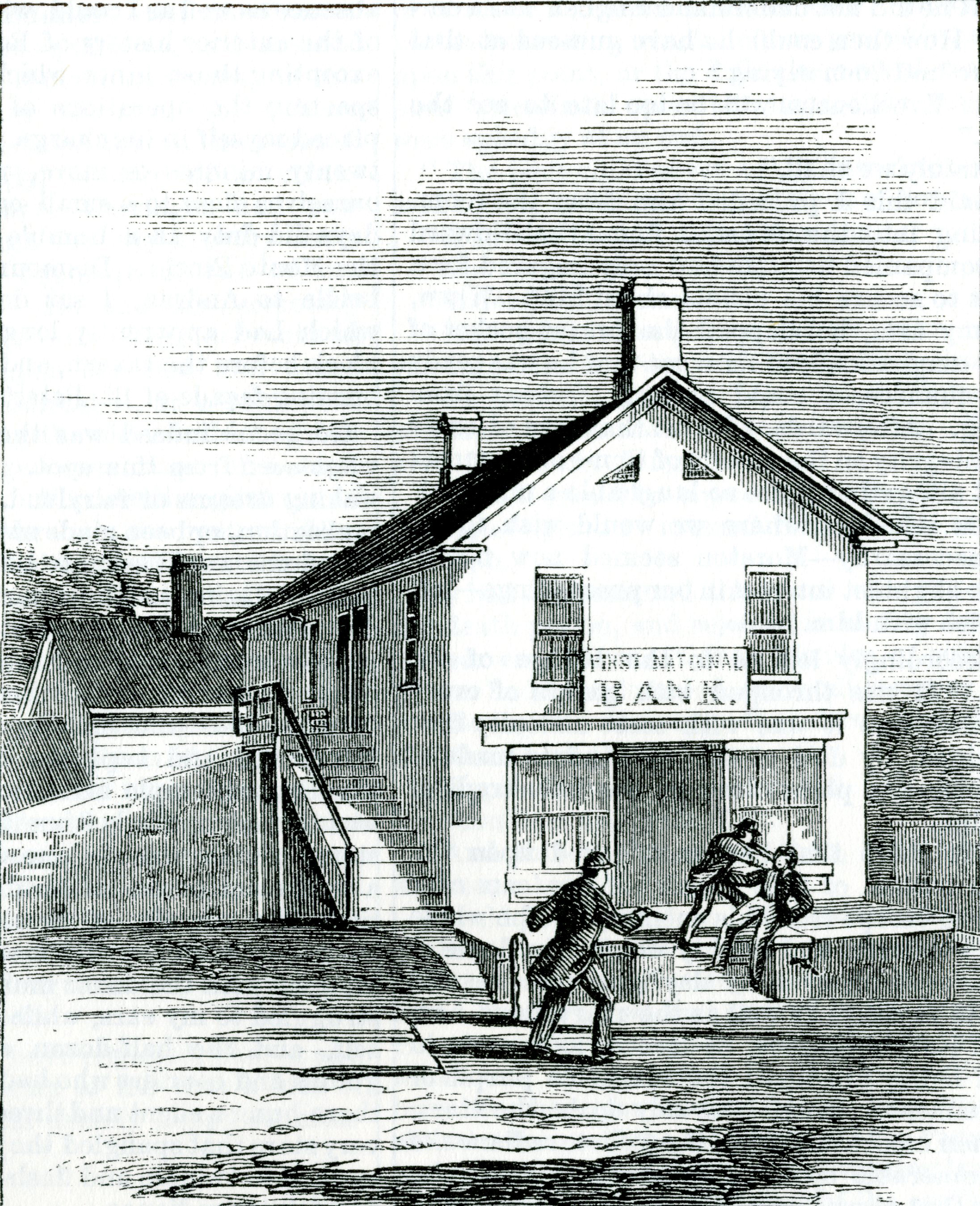 An old editorial illustration depicts William H. Blaisdell of St. Albans accost a raider outside of the First National Bank as another Confederate raced toward them. Blaisdell, like others that day, was taken at gunpoint into what today is Taylor Park. The First National sat at the southeast corner of Main and Fairfield streets, across the street from what is now Taylor Park. CREDIT: VERMONT HISTORICAL SOCIETY (these images originally appeared in Frank Leslie's magazine)