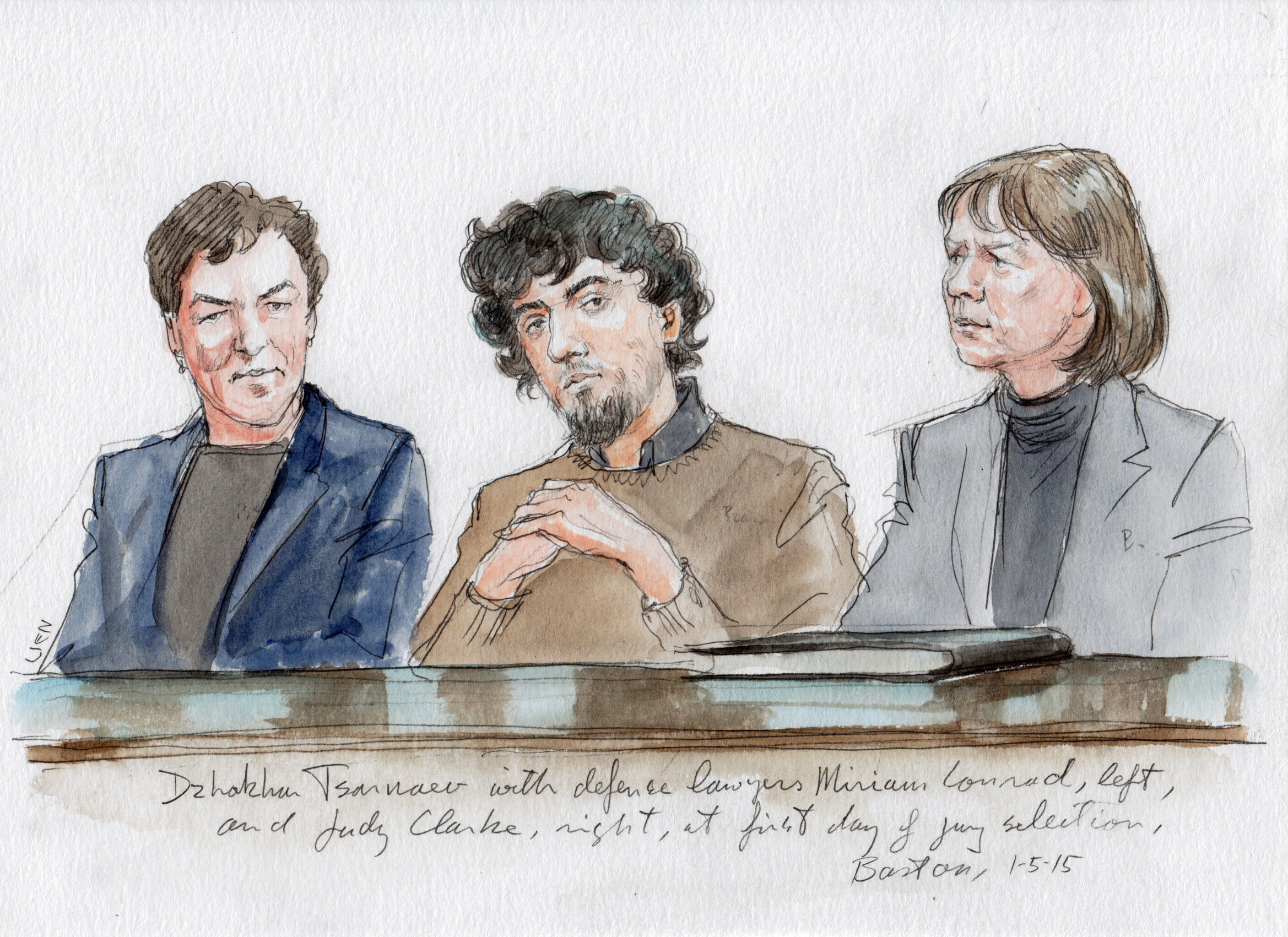 Tsarnaev with defense lawyers Miriam Conrad, left, and Judy Clarke, right, at the first day of jury selection in Boston.