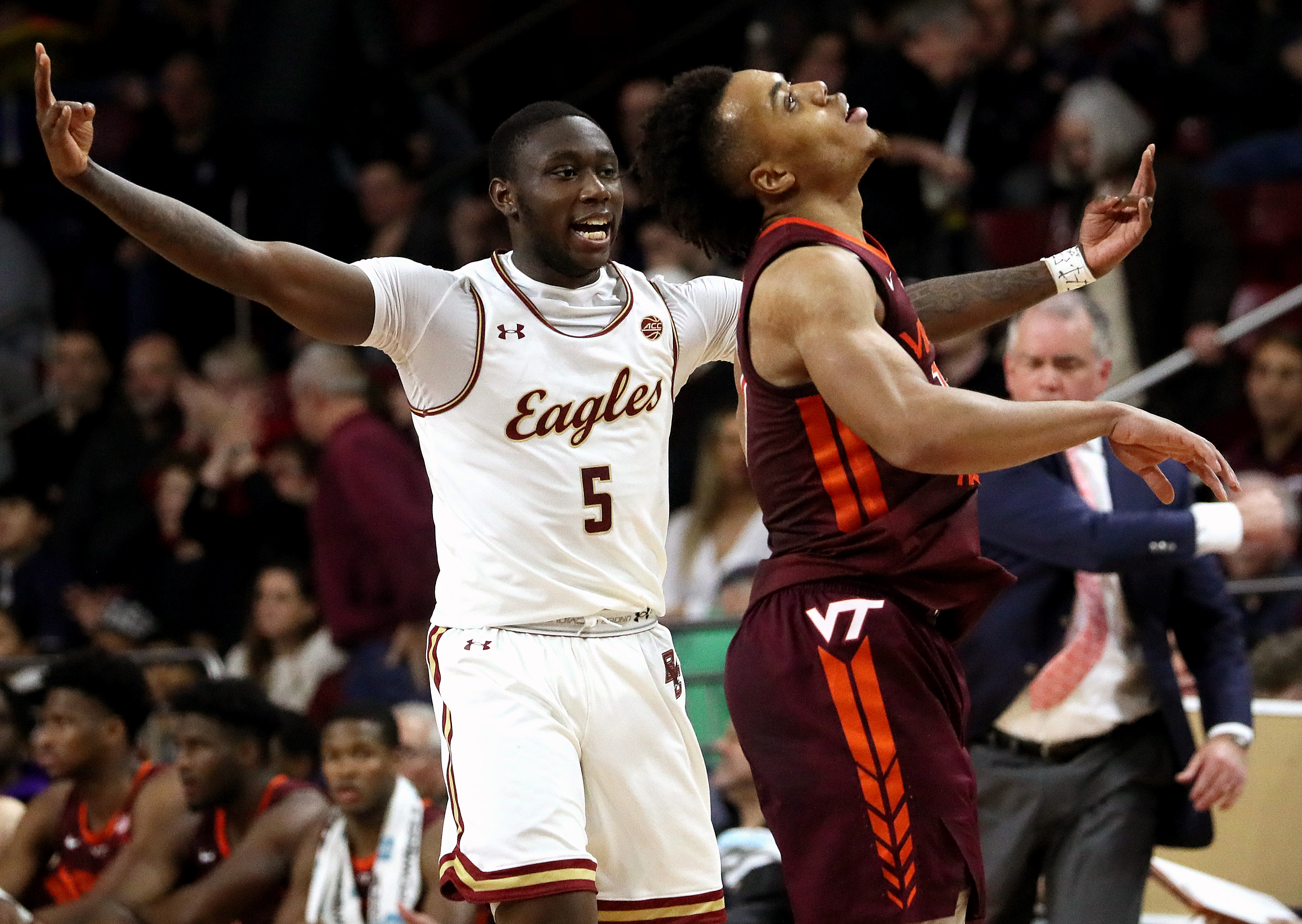 Boston College guard Jay Heath (5) celebrated a three pointer in the closing minutes of the first half of the Eagles’ game with Virginia Tech at Conte Forum on January 25.