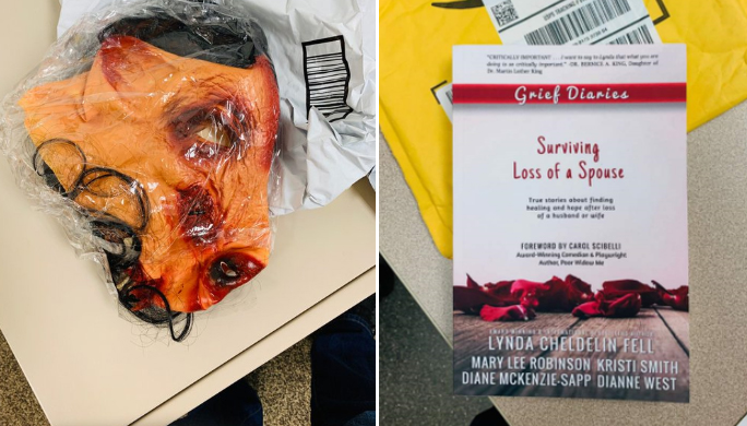 The alleged deliveries to a Natick couple included a Halloween mask featuring a bloody pig face and the book “Grief Diaries: Surviving the Loss of a Spouse.”