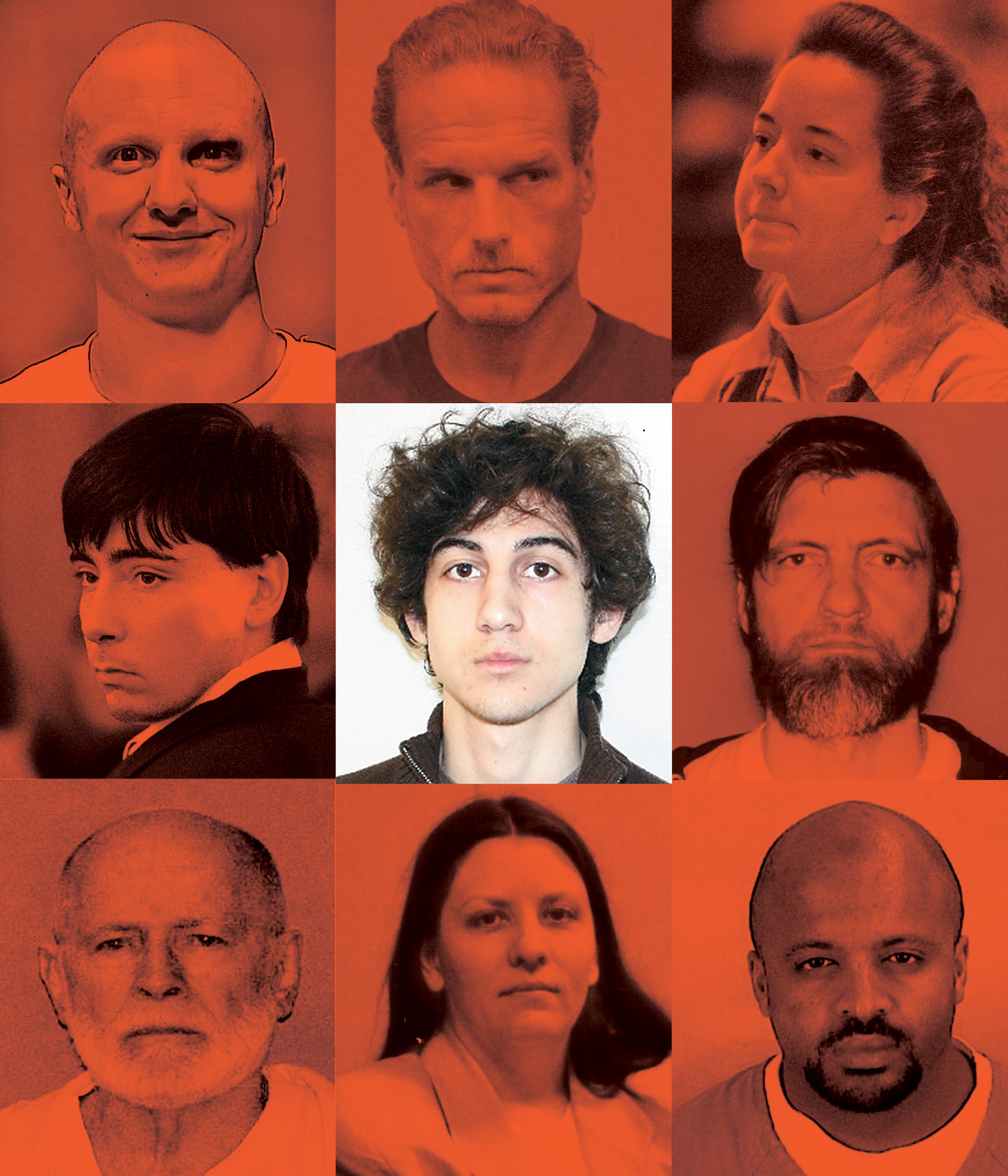 Top row, from left: Jared Loughner, Gary Sampson, Susan Smith; middle row, from left: John Salvi, Dzhokhar Tsarnaev, Ted Kaczynski; bottom row, from left: James “Whitey” Bulger, Kristen Gilbert, Zacarias Moussaoui.