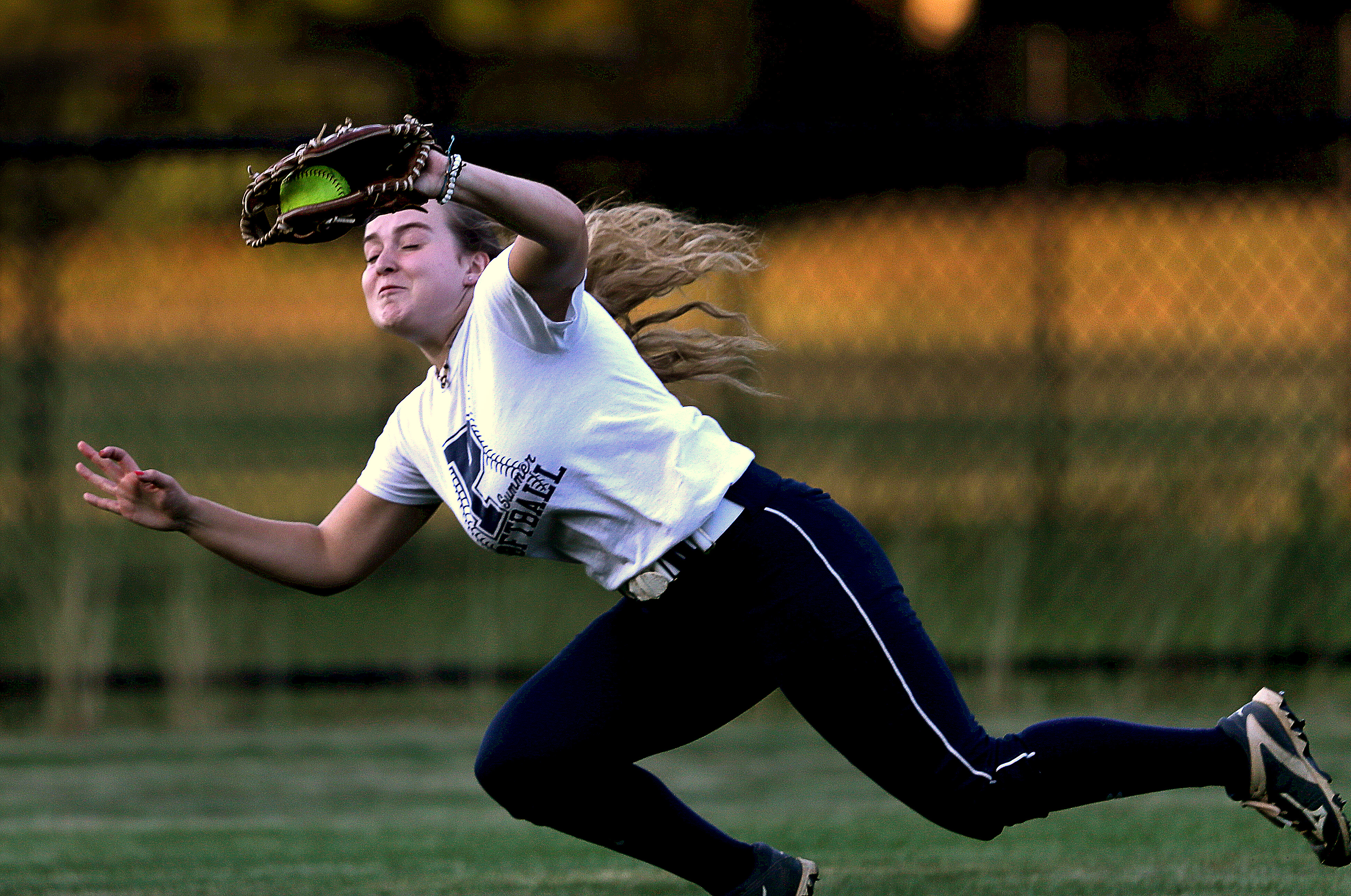 Plymouth 1 center fielder Jenna Crowell snared a line drive in Wednesday's South Shore League U18 girls' softball game against Norwell . . .