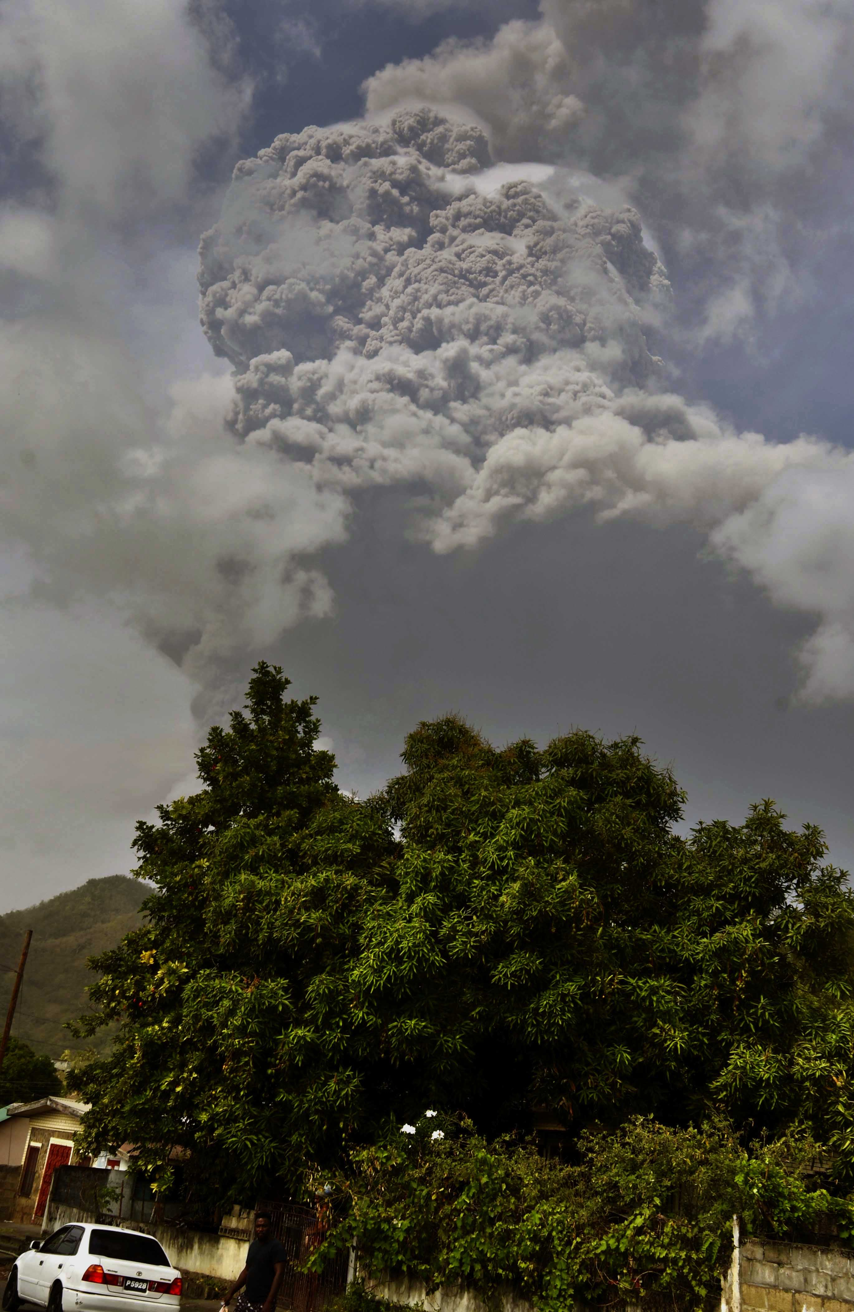Plumes of ash from the La Soufriere volcano as it erupts on the eastern Caribbean island of St. Vincent.