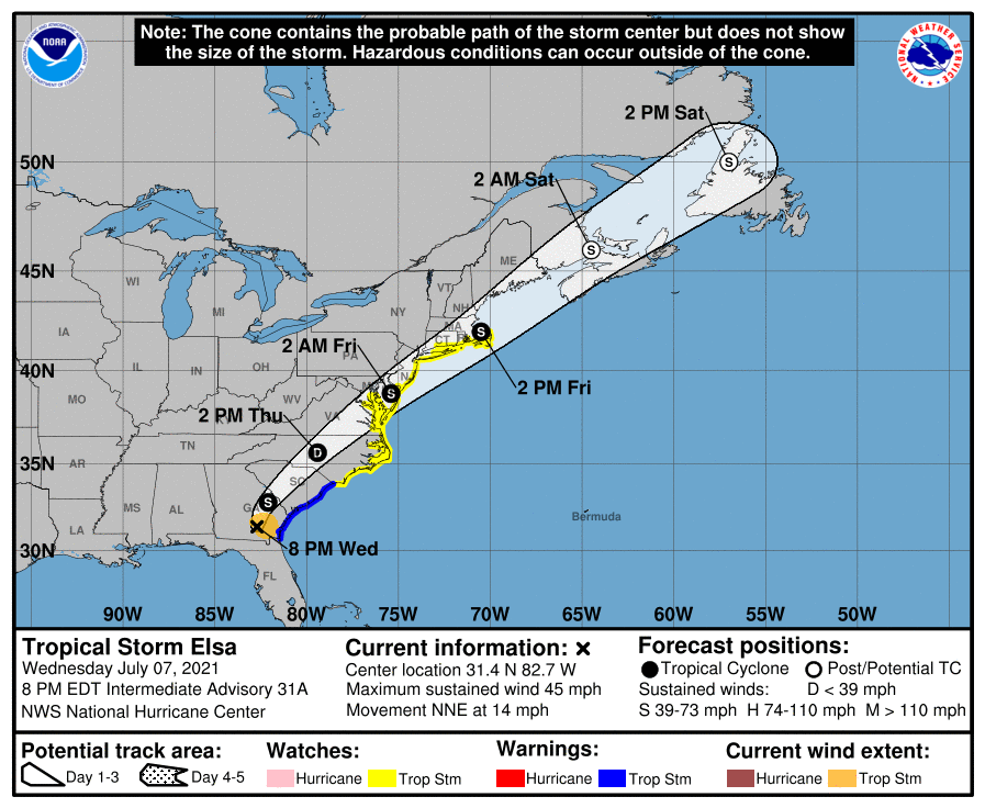Tropical storm Elsa is forecast to pass rapidly northeast this week.