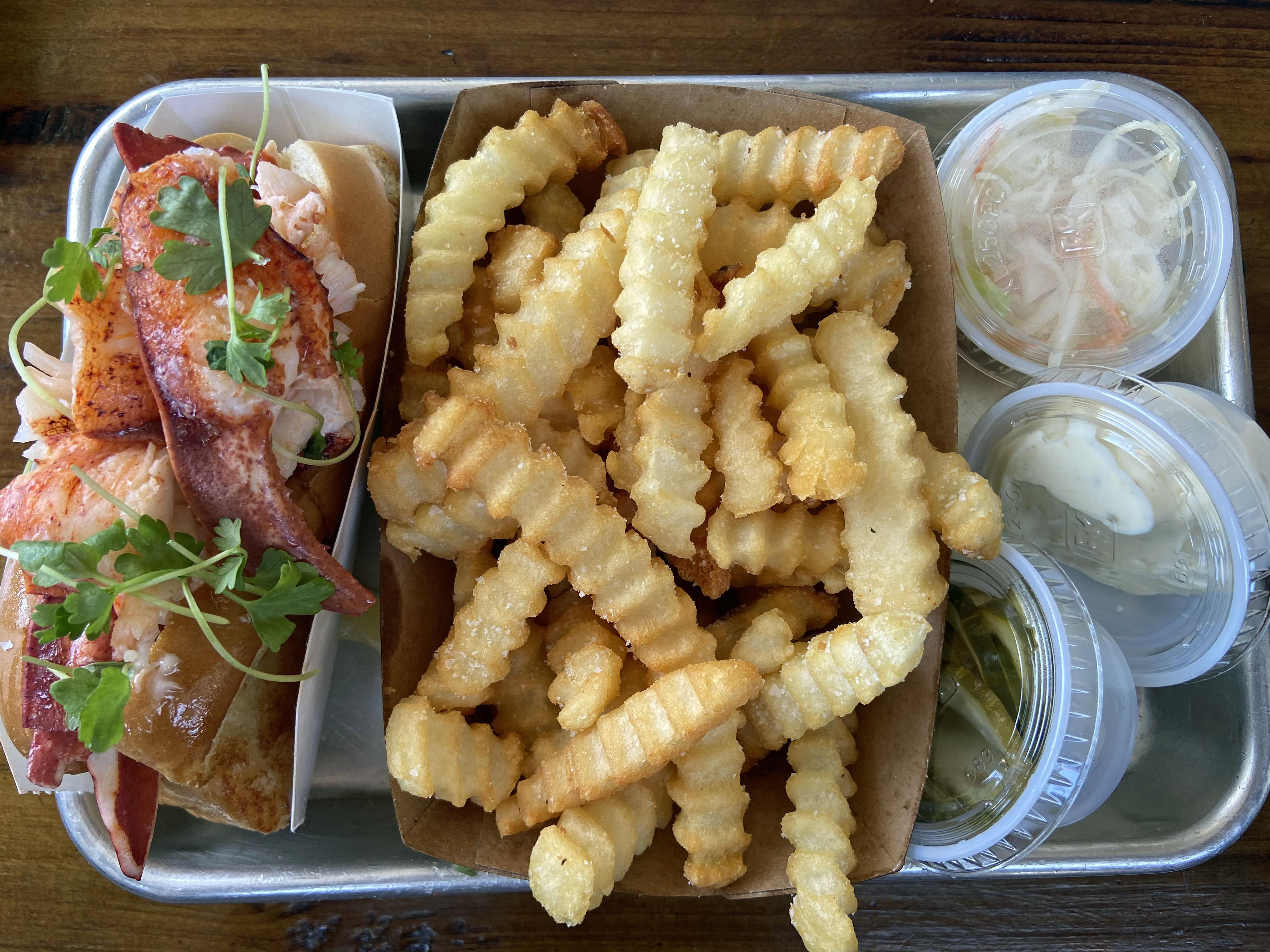 Knot Norm’s plate with crinkle-cut fries: They finish the lobster meat in lobster butter at Knot Norm’s. No wonder this Newport newcomer is a favorite of folks in the food industry here.