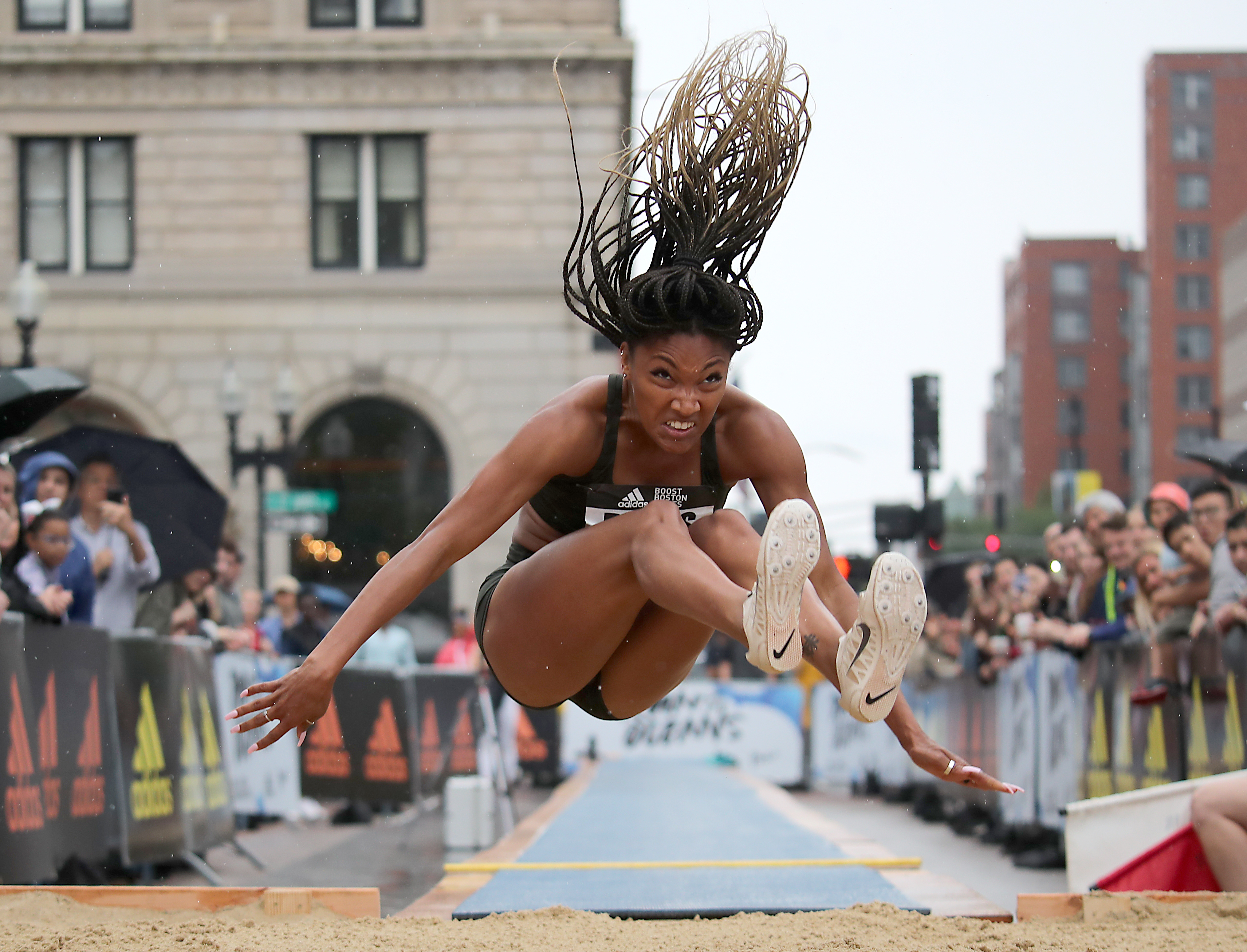 Tara Davis of the US landed in the long jump pit during the Adidas Boost Boston Games street track meet in Copley Square on June 16.