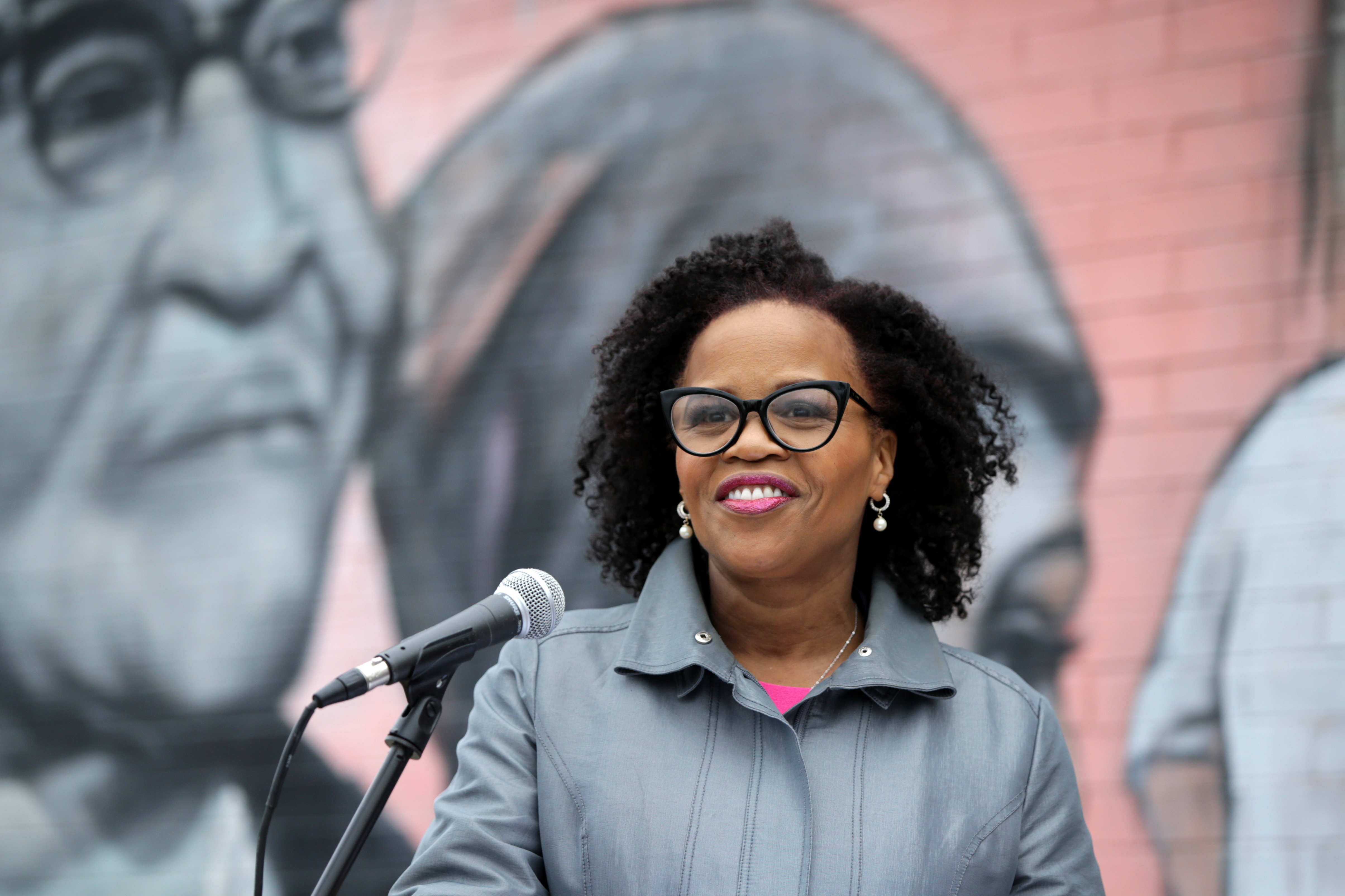 Acting Boston Mayor Kim Janey in Nubian Square Tuesday morning.