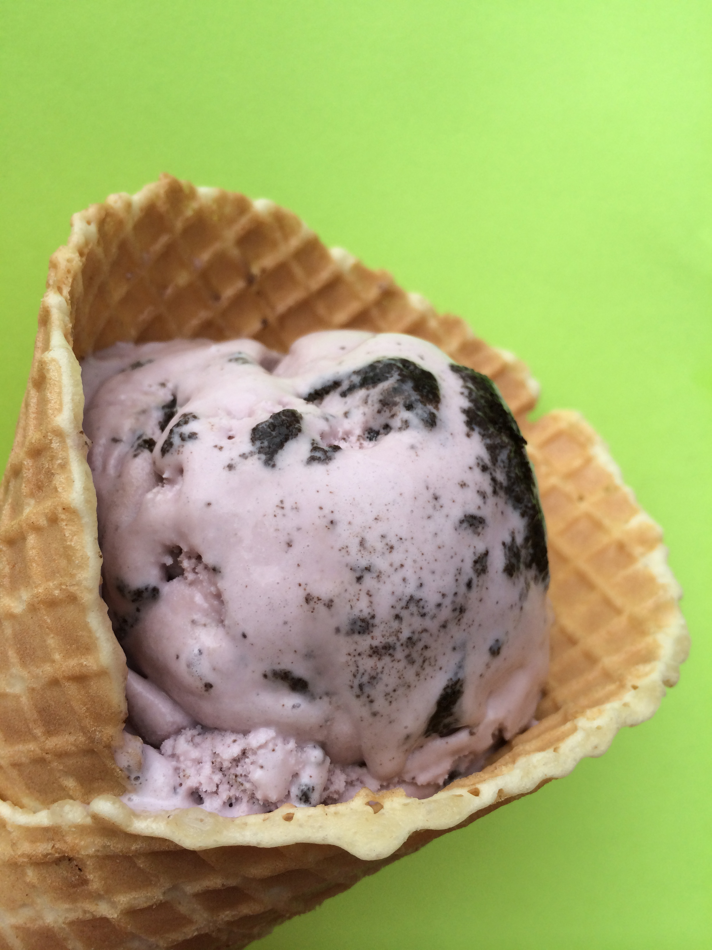 Nona's Homemade black raspberry Oreo ice cream in a waffle cone.Handout