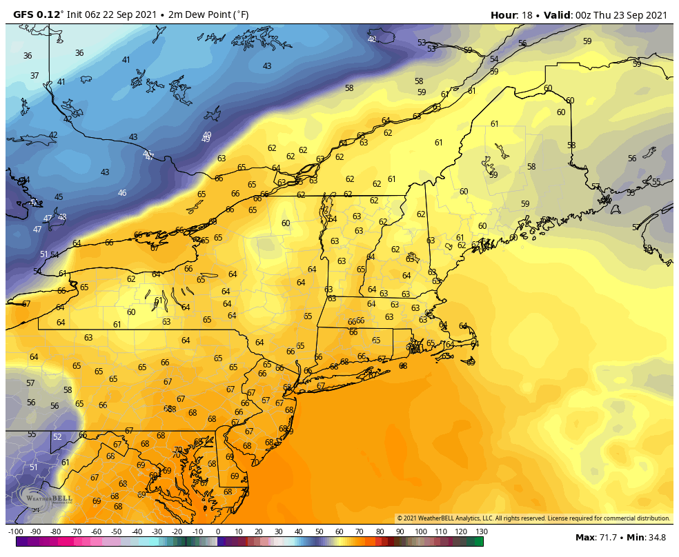 High dew points in the 60s to near 70 in the warmer colors will be replaced by drier air by Saturday.