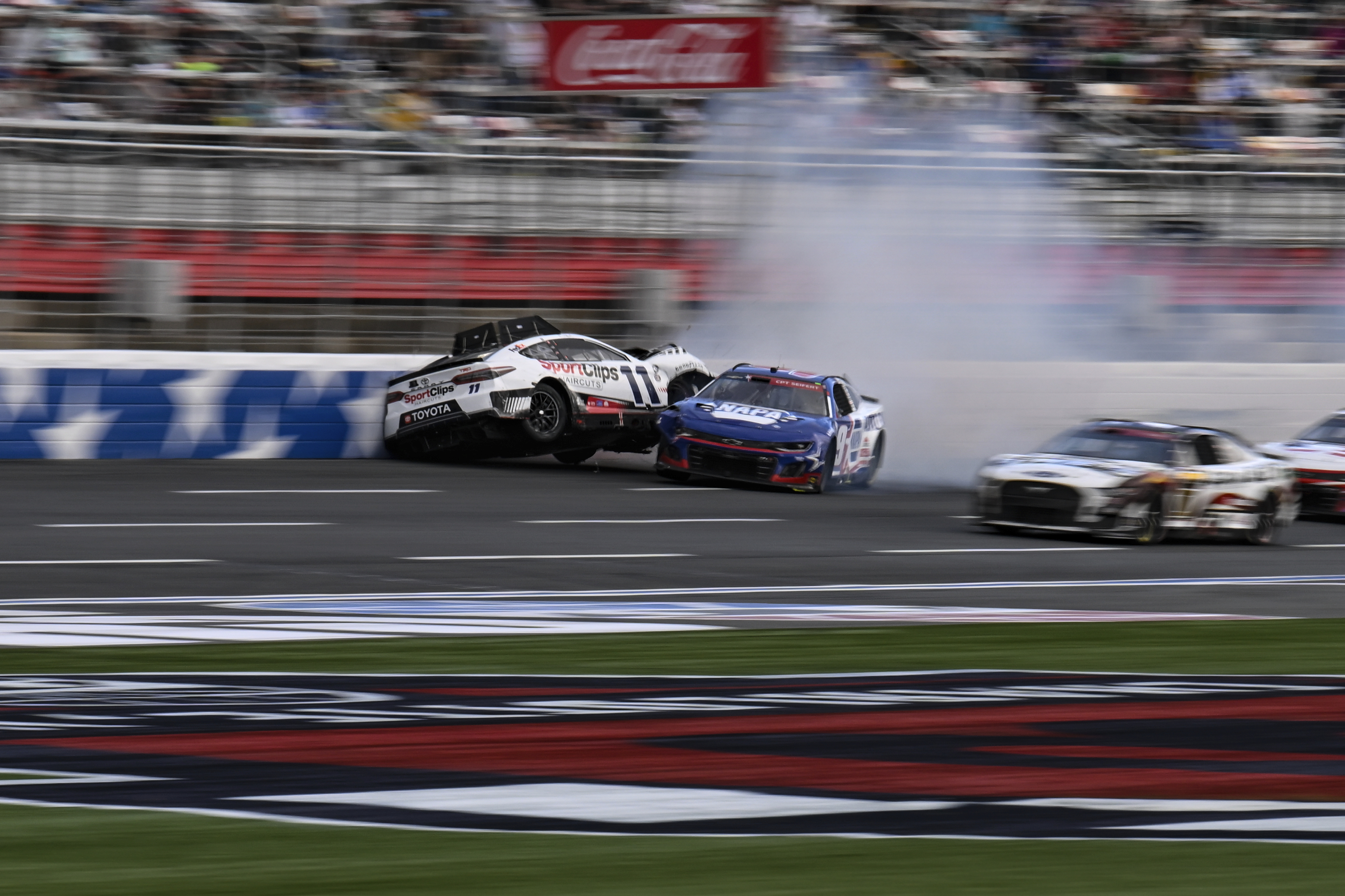 Denny Hamlin's car was worse for wear after the Coke Zero 400 on Saturday,  July 2, 2011, at the Daytona International Speedway in Daytona, Florida.  Hamlin, involved in a crash at the