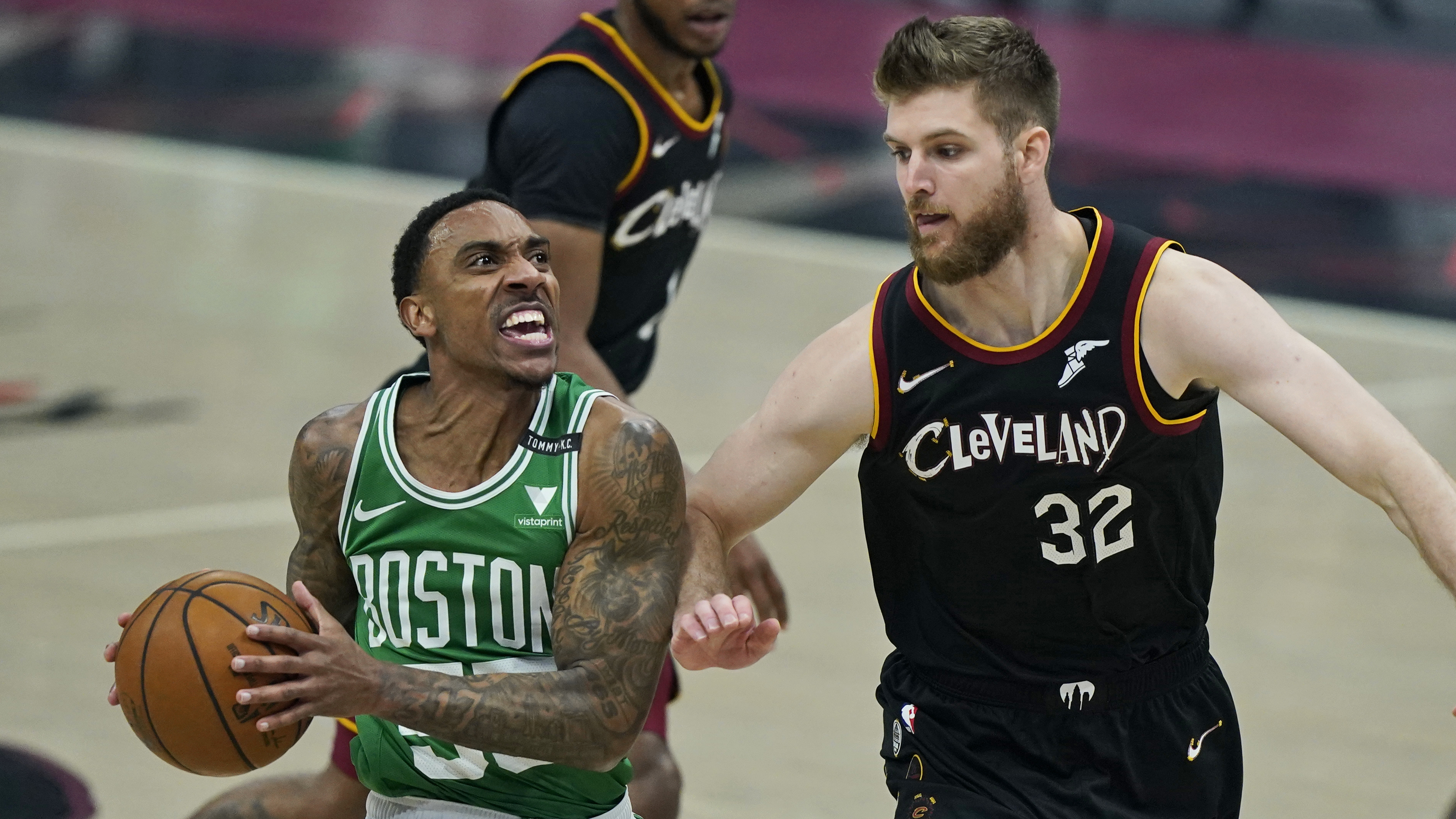 Jeff Teague drives against Cleveland's Dean Wade in the first half of Wednesday's game.