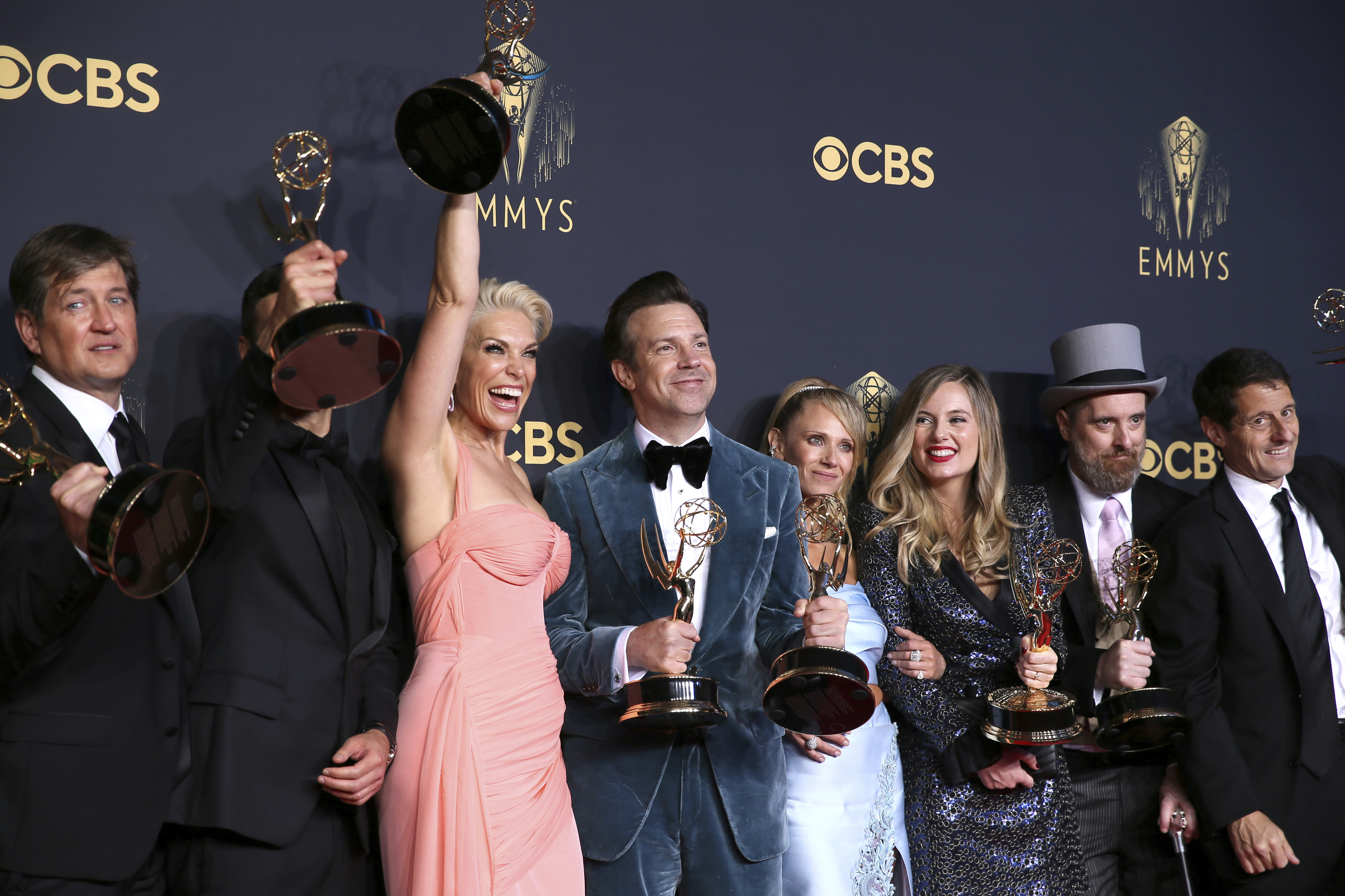 Hannah Waddingham (third from left) Jason Sudeikis, Juno Temple, and the team from "Ted Lasso" posed for a photo with the awards for outstanding supporting actor in a comedy series, outstanding supporting actress in a comedy series, outstanding lead actor in a comedy series and outstanding comedy series at the 73rd Emmy Awards.