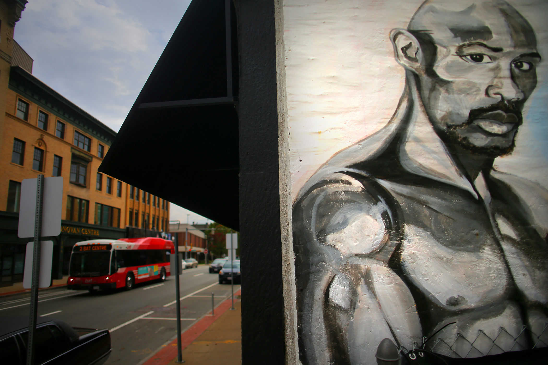 A mural depicting Brockton champion boxer Marvin Hagler graces a building on Main Street in Brockton.