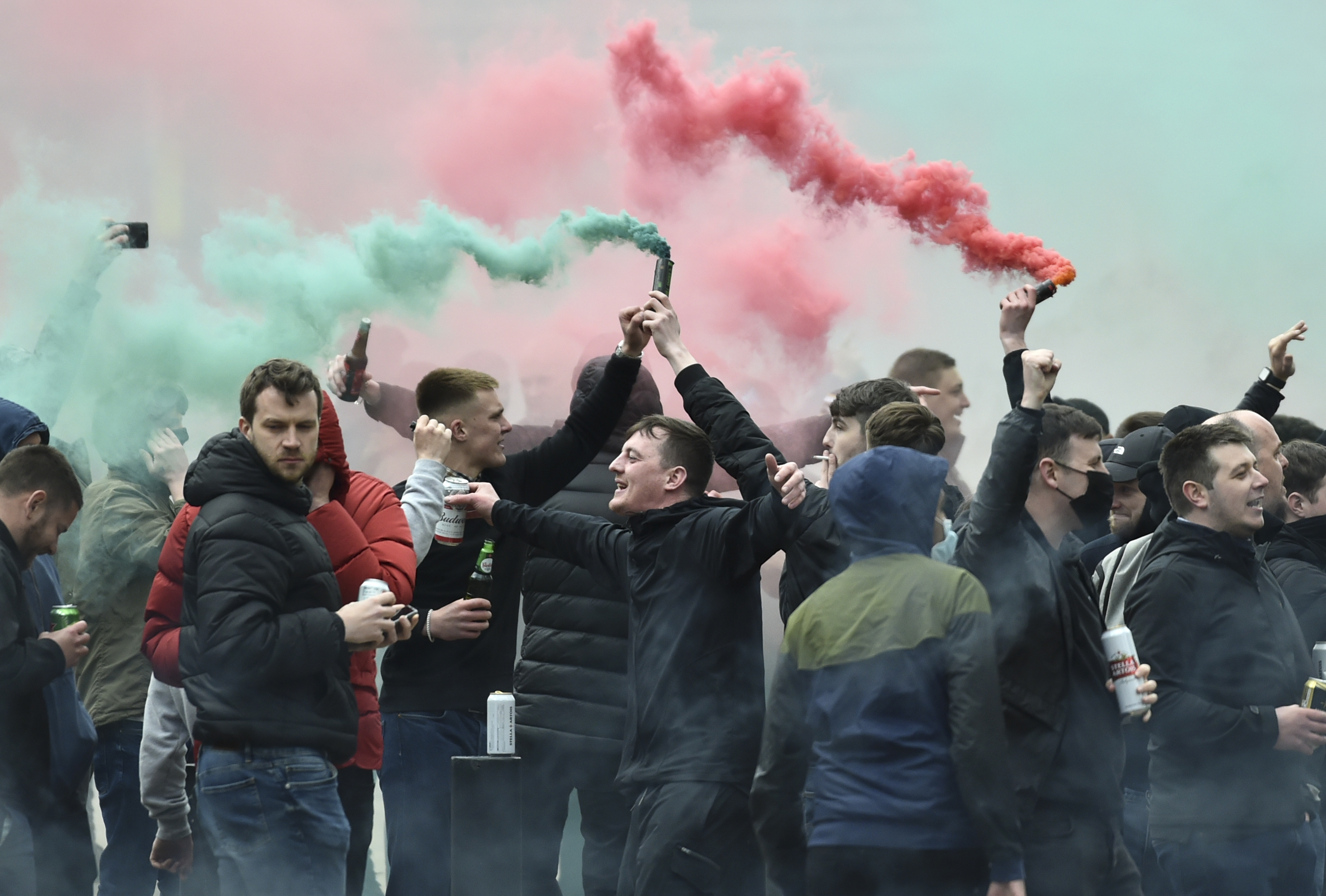 Manchester United fans protest outside the Lowry Hotel where team was staying during a protest against the Glazer family on Sunday.