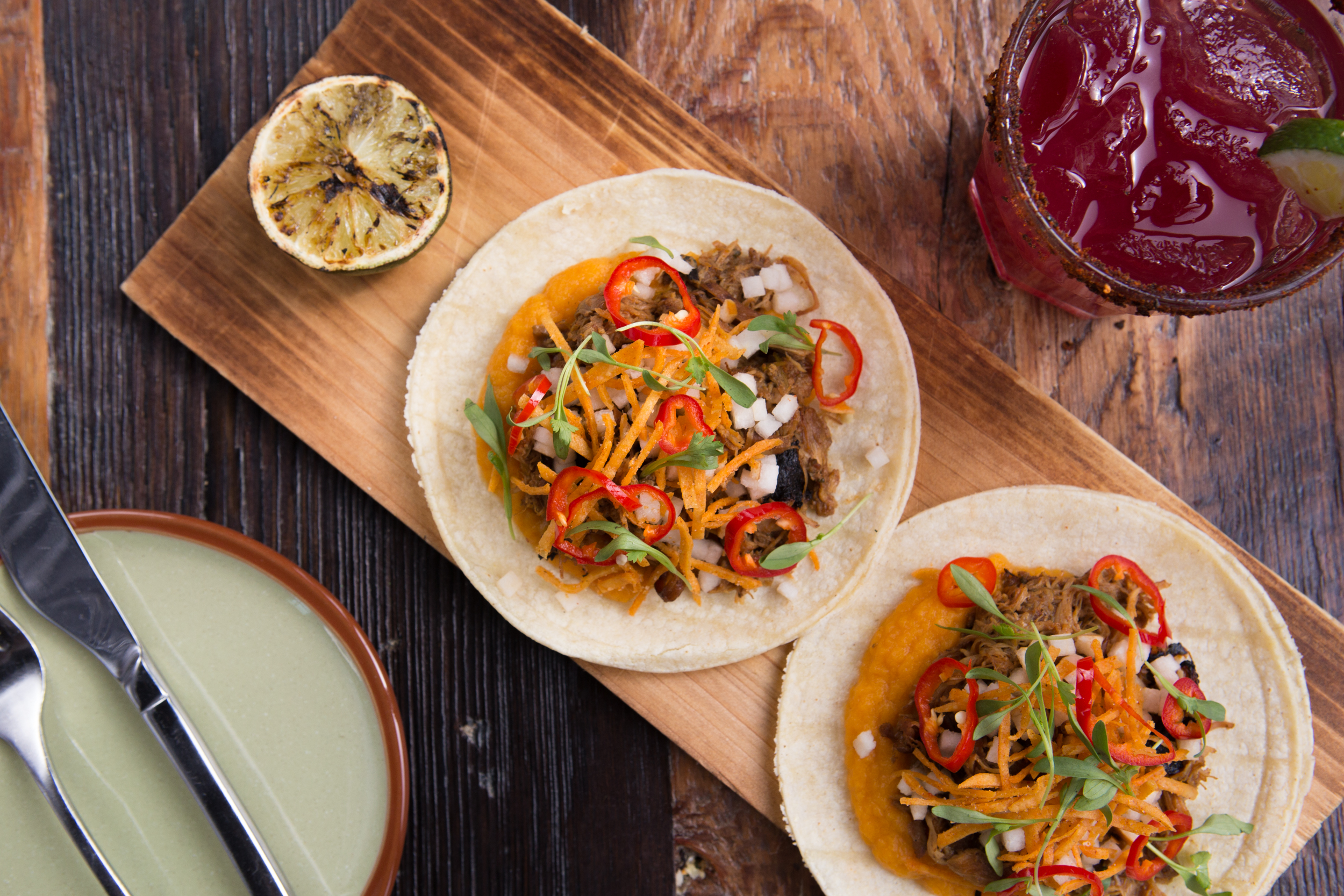 Root beer-braised chicken tacos.