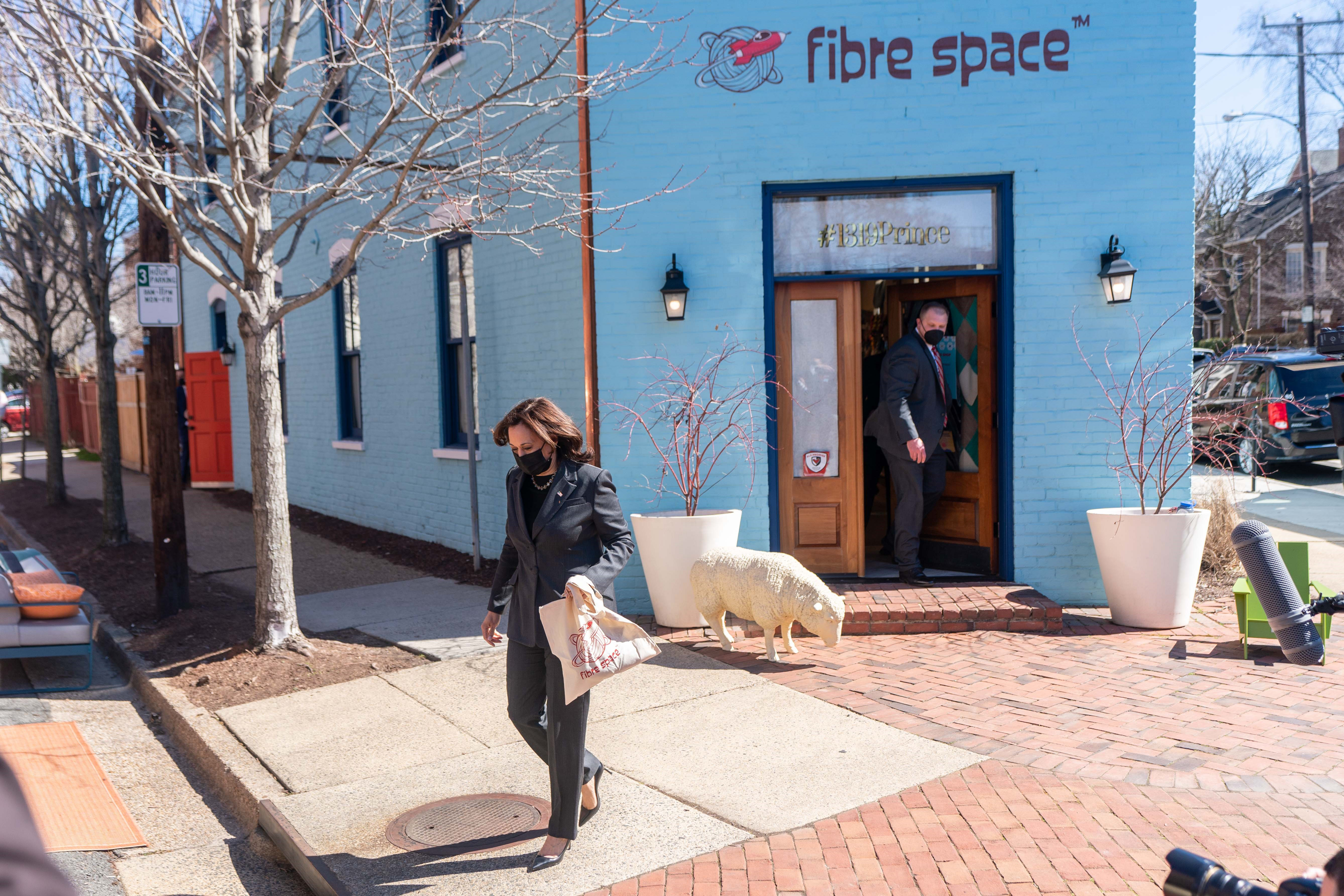 Vice President Kamala Harris leaves Fibre Space in Alexandria, Va.