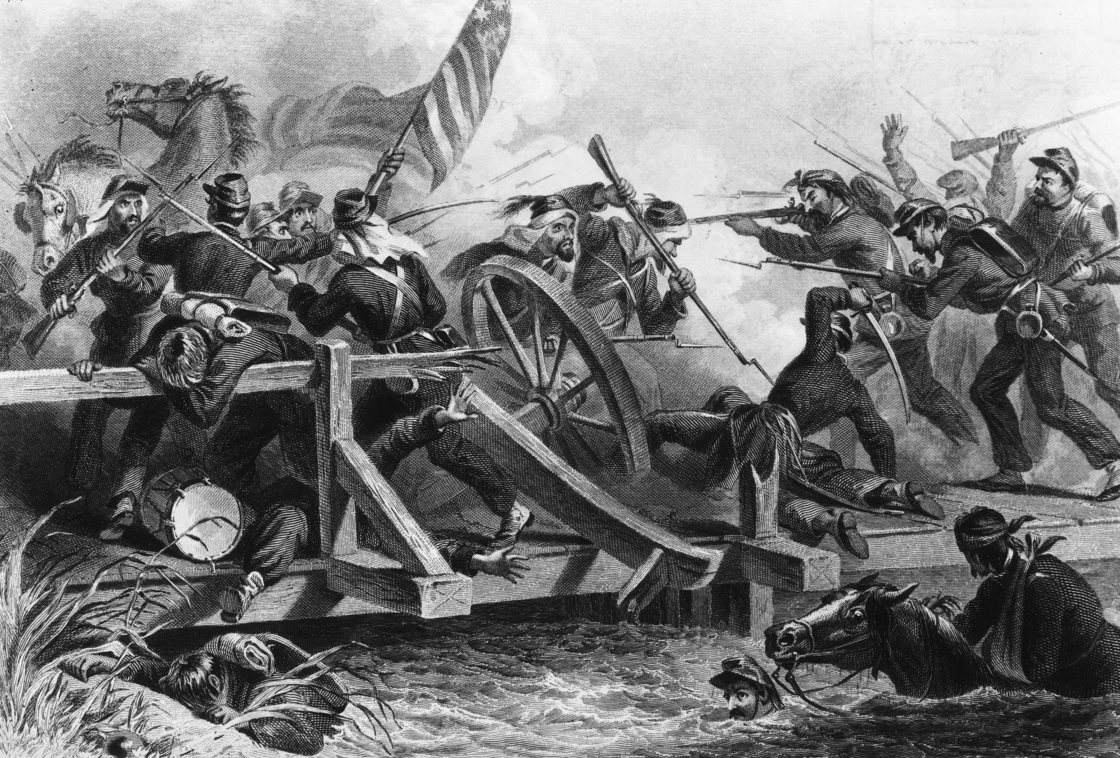 A violent exchange between the Yankees and Confederates at the First Battle of Manassas (the First Battle of Bull Run) during the American Civil War on July 21, 1861.