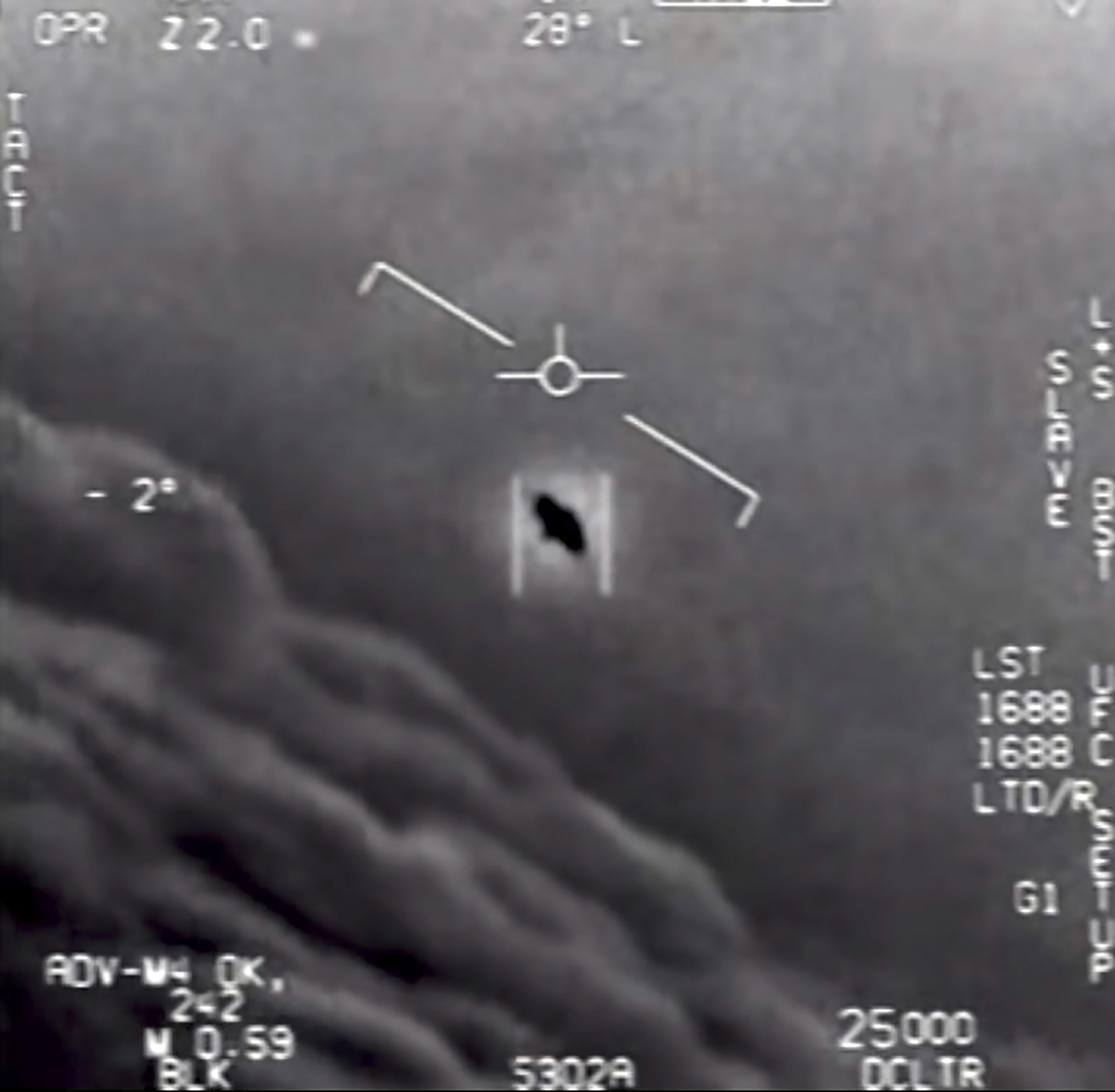 A still image from video released by the Department of Defense shows a 2004 encounter near San Diego between two Navy F/A-18F fighter jets and an unknown object.