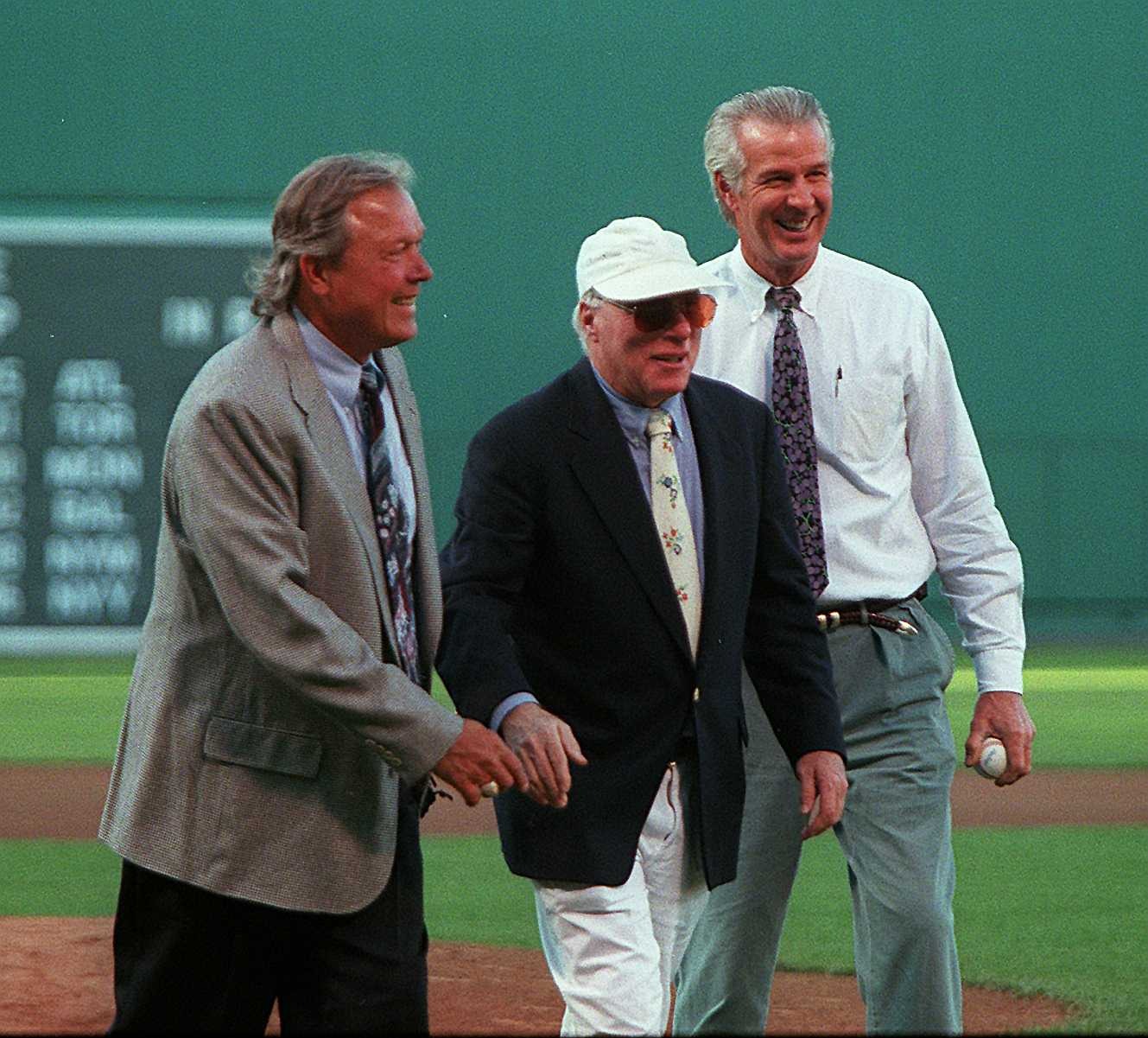 (left to right) Mr. Ryan, Richie Ashburn of the Philadelphia Phillies, and former Red Sox pitcher Jim Longborg were celebrated on the field before a 1997 game at Fenway Park.