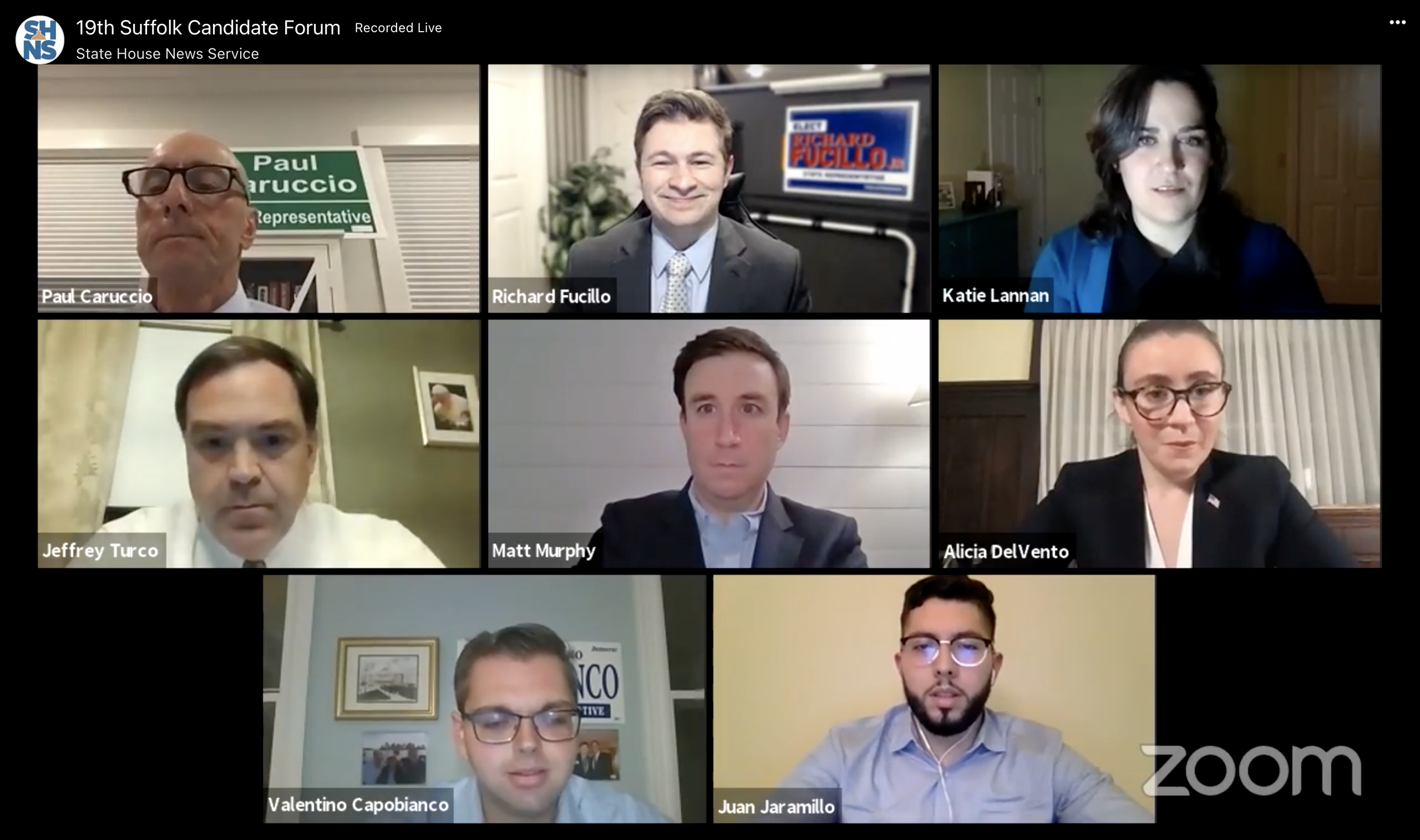 Screenshot of the 19th Suffolk candidate forum on Zoom Thursday evening organized by the State House News Service.