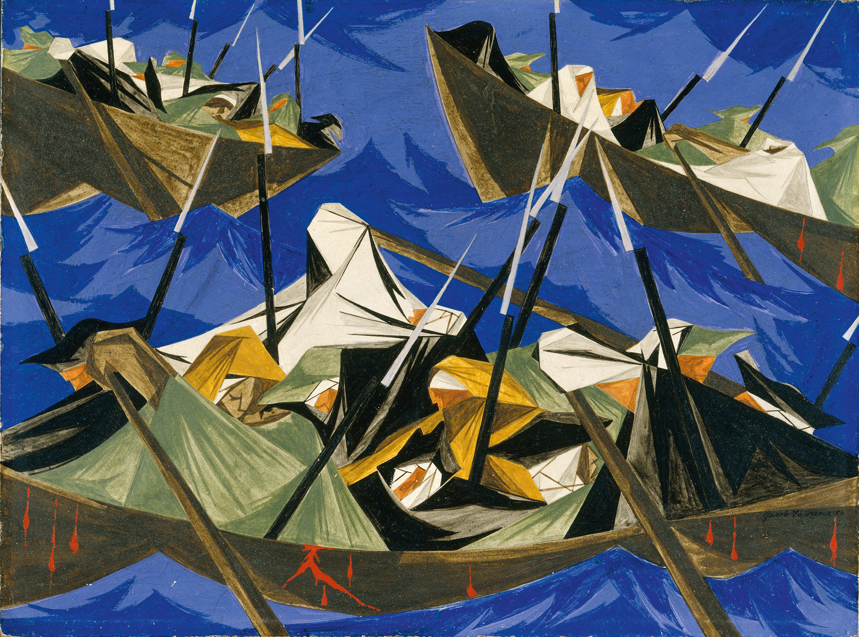 Panel 10 from Jacob Lawrence's "American Struggle" series. This one is titled: "We crossed the River at McKonkey's Ferry 9 miles above Trenton . . . the night was excessively severe . . . which the men bore without the least murmur . . . -Tench Tilghman, 27 December 1776, 1954."