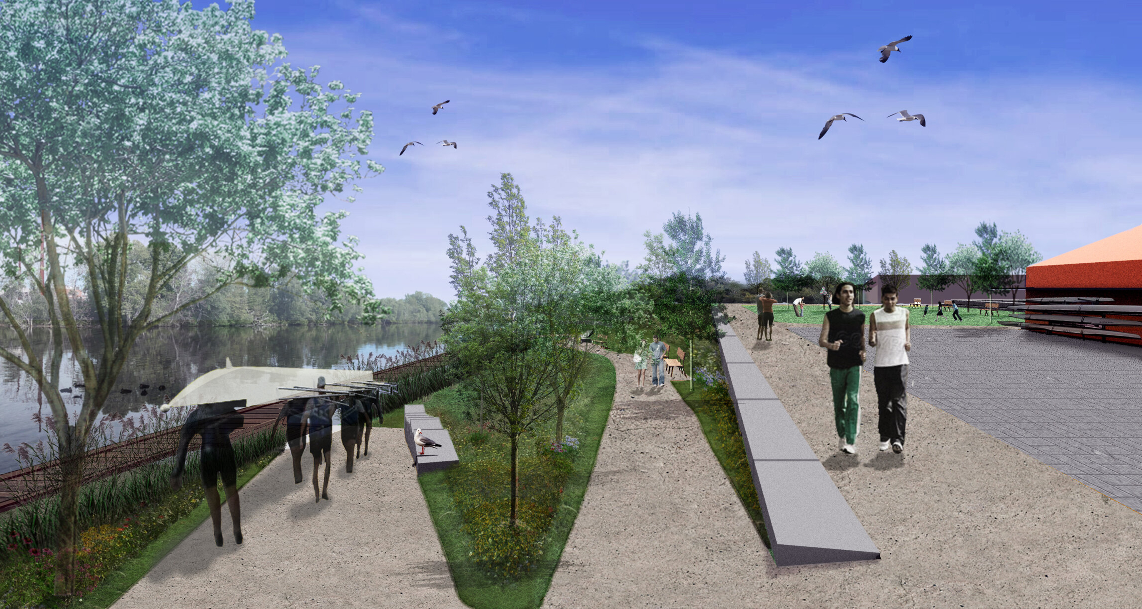 Architectural renderings depict the planned waterfront park in Malden.
