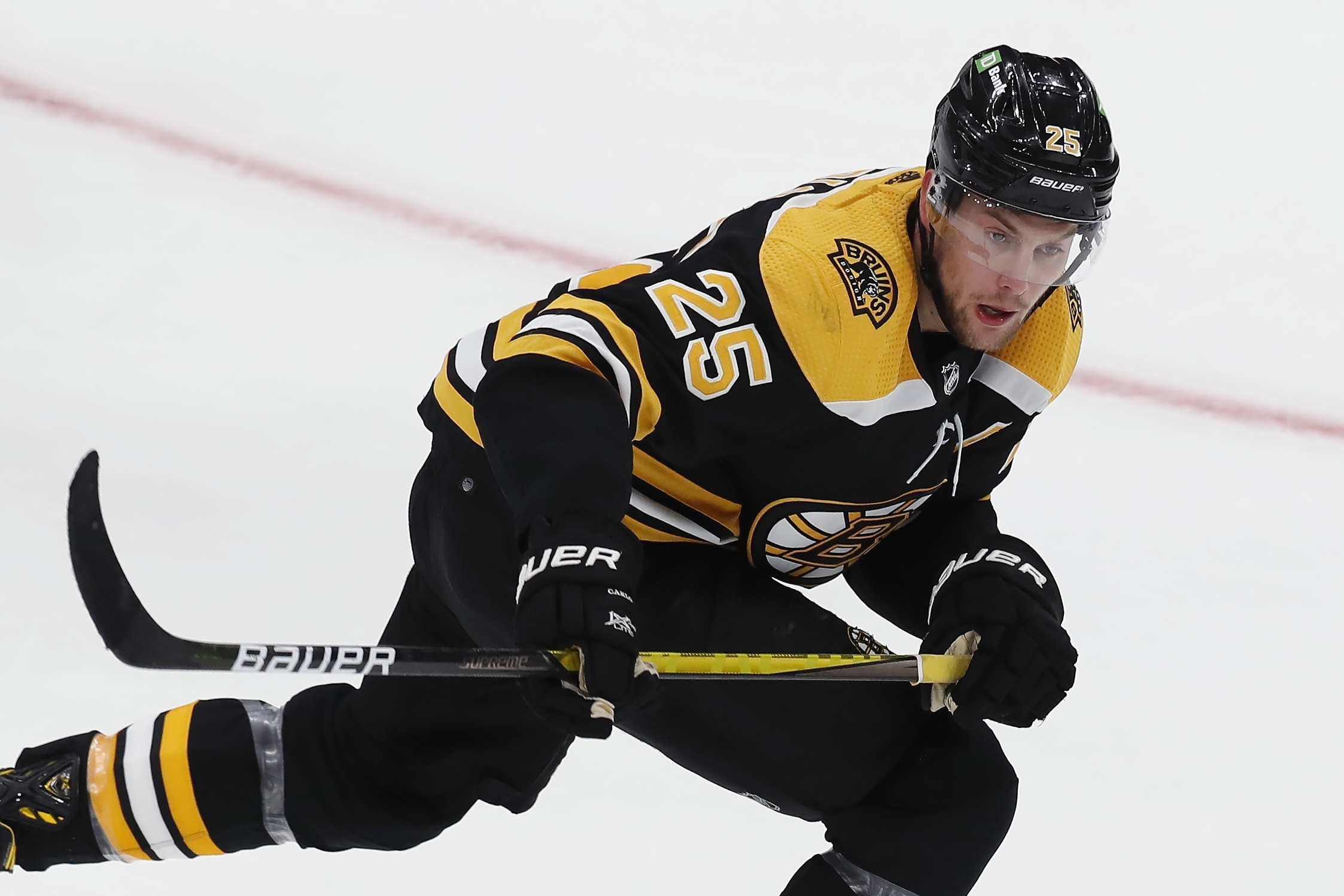 Brandon Carlo looks for open ice Saturday against the Stars.